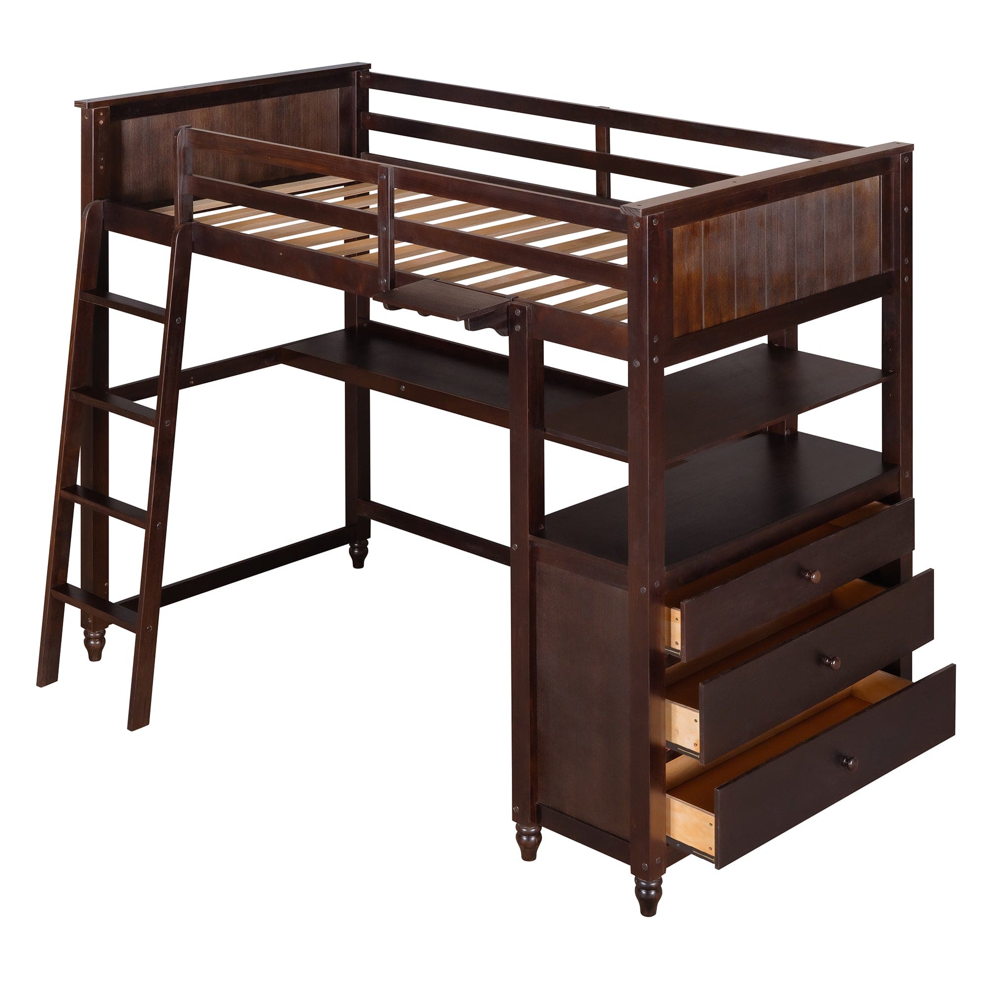 Twin size Loft Bed with Drawers and Desk, Wooden Loft Bed with Shelves - Espresso(OLD SKU: LT001530AAP)