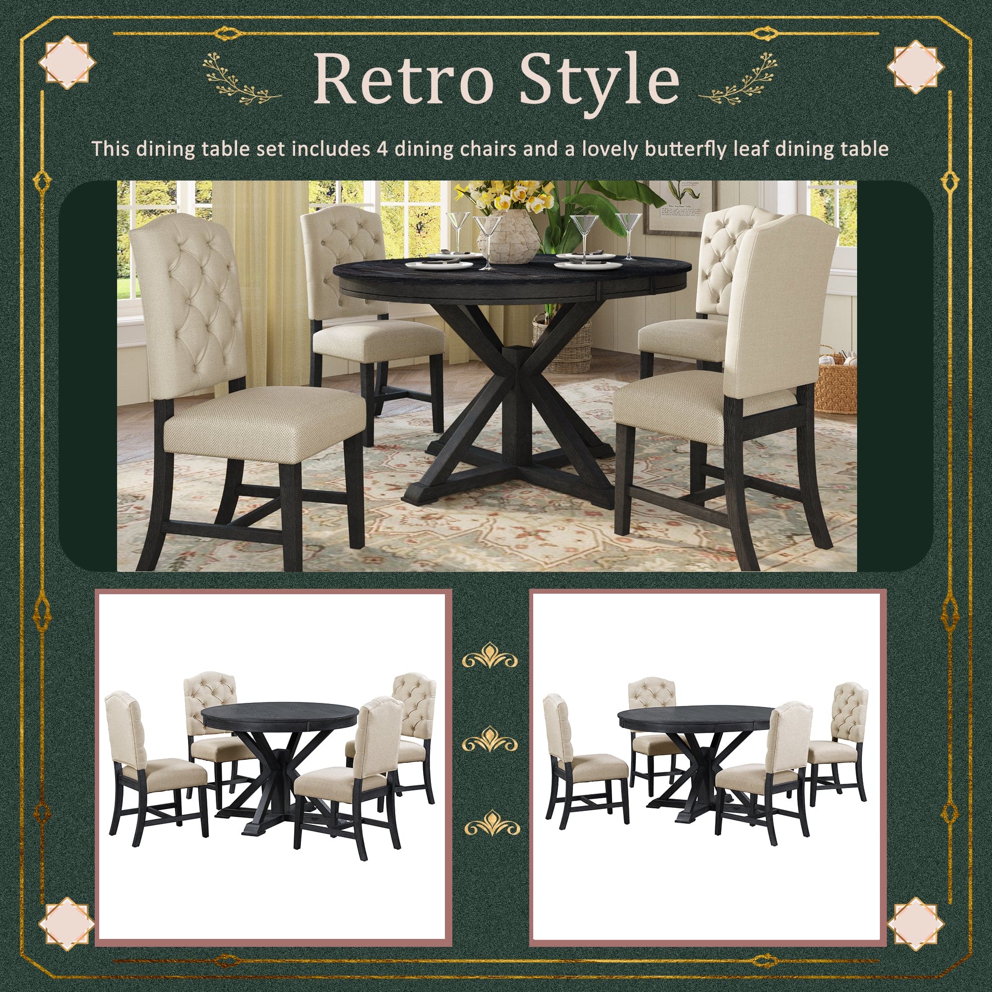 TREXM Functional Furniture Retro Style Dining Table Set with Extendable Table and 4 Upholstered Chairs for Dining Room and Living Room(Espresso)