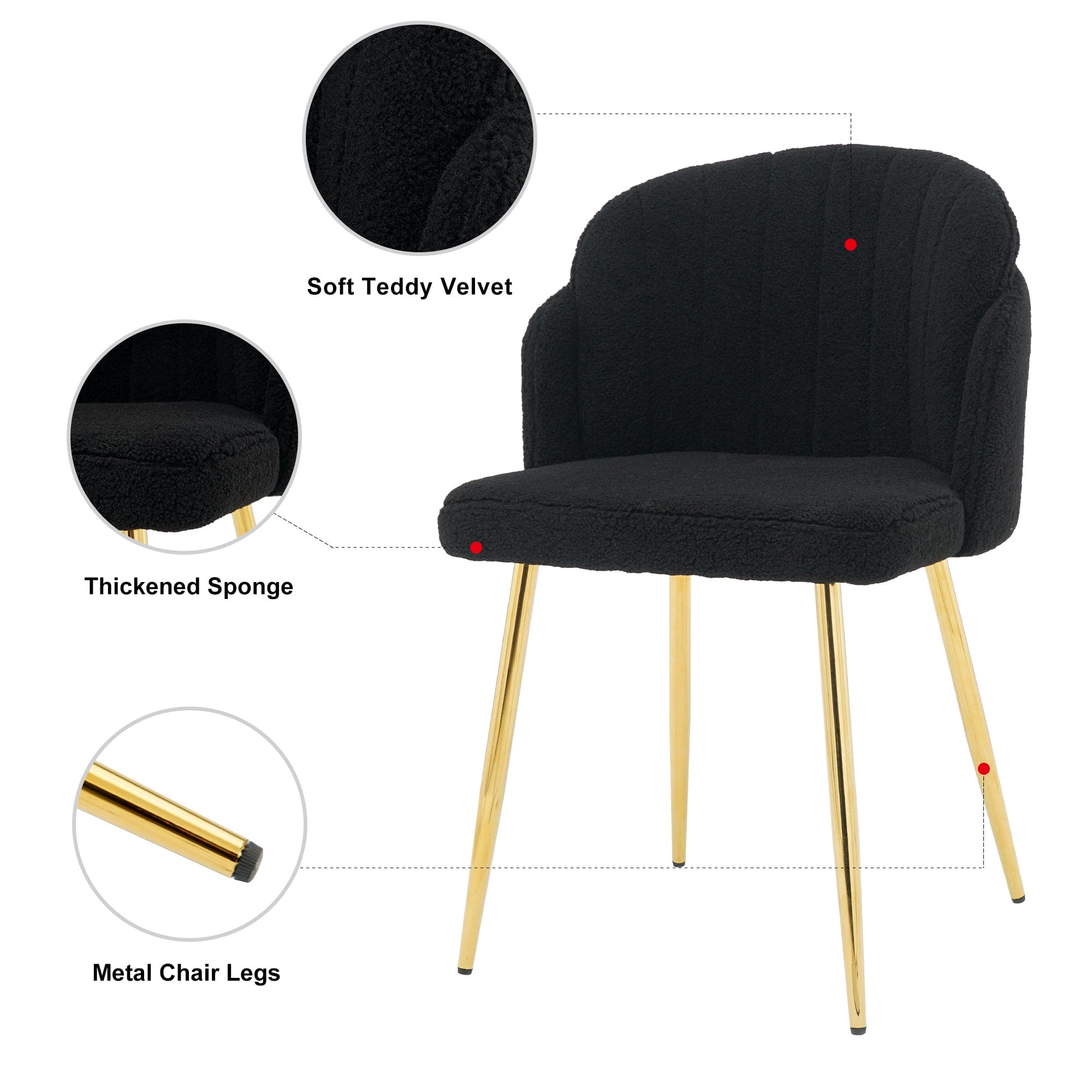 Modern simple black teddy fleece dining chair Fabric Upholstered Chairs home bedroom stool back dressing chair gold metal legs(set of 2)