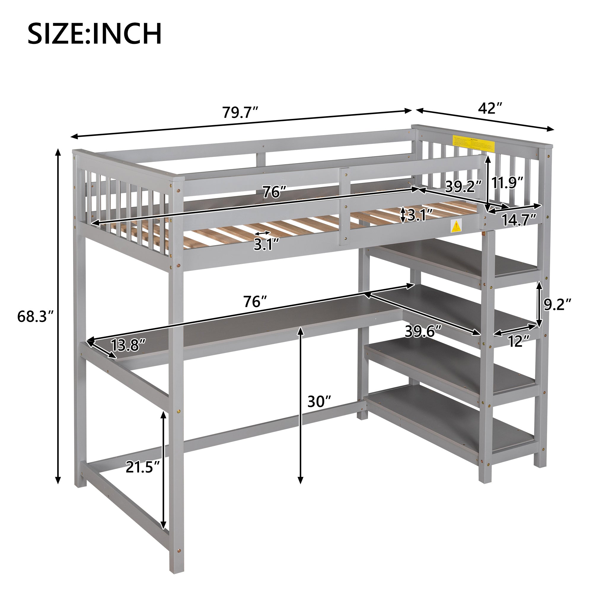 Twin Size Loft Bed with Storage Shelves and Under-bed Desk, Gray(OLD SKU:SM000245AAE-1)