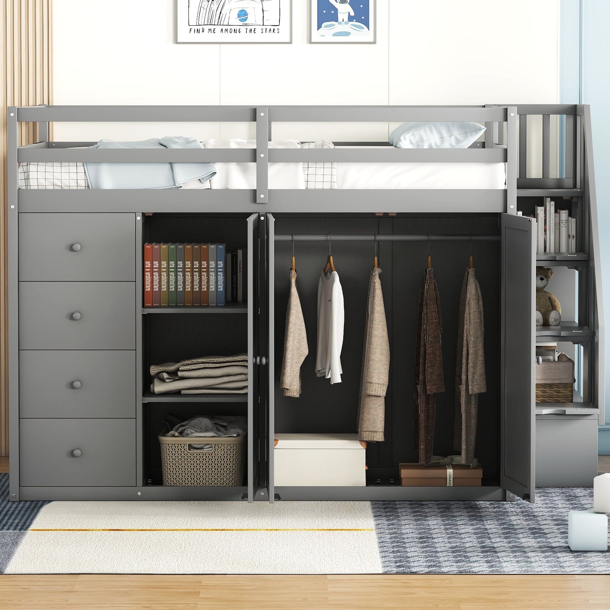 Full Size Wood Loft Bed With Built-in Wardrobes, Cabinets and Drawers, Gray