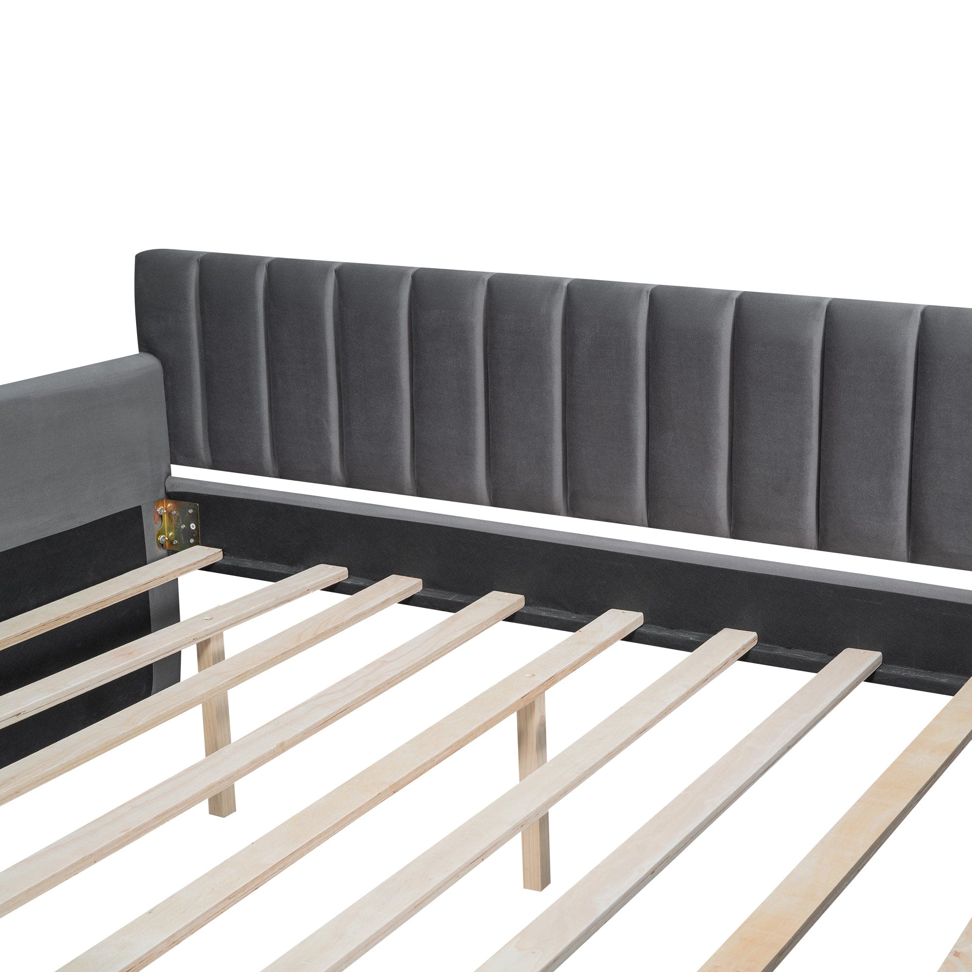 Full Size Upholstered daybed with Trundle and Wood Slat Support, Gray