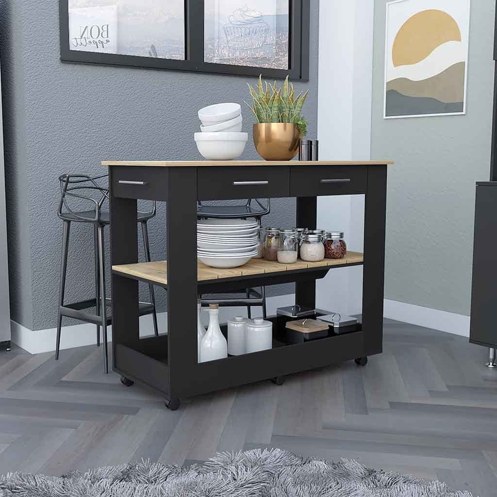 Kitchen Island 46 Inches Dozza, Two Drawers, Black Wengue / Light Oak Finish