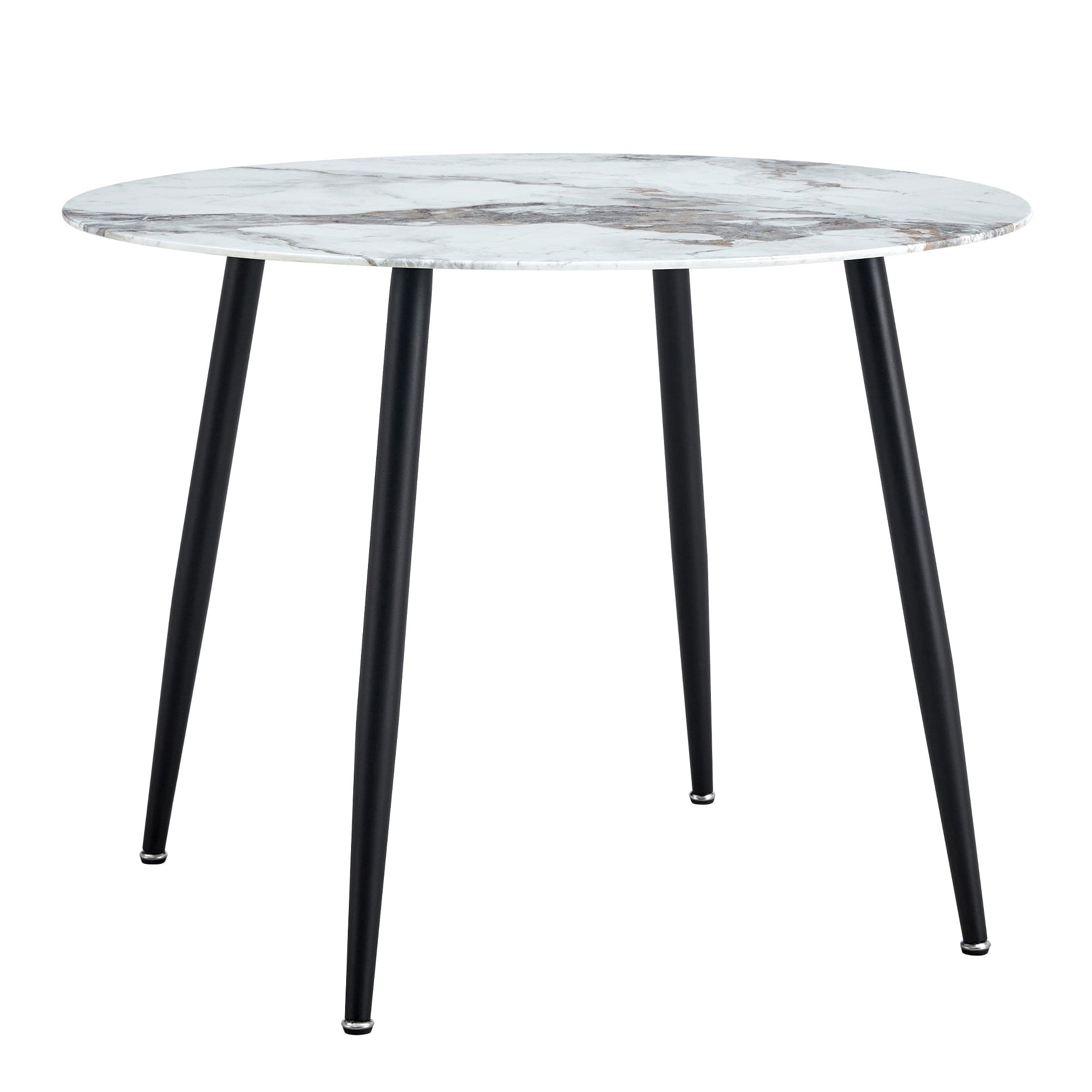 A modern minimalist circular dining table with a diameter of 40 inches, a 0.3 inch thick white imitation marble pattern tabletop and black metal legs  40 '* 40' * 30 'DT-1164