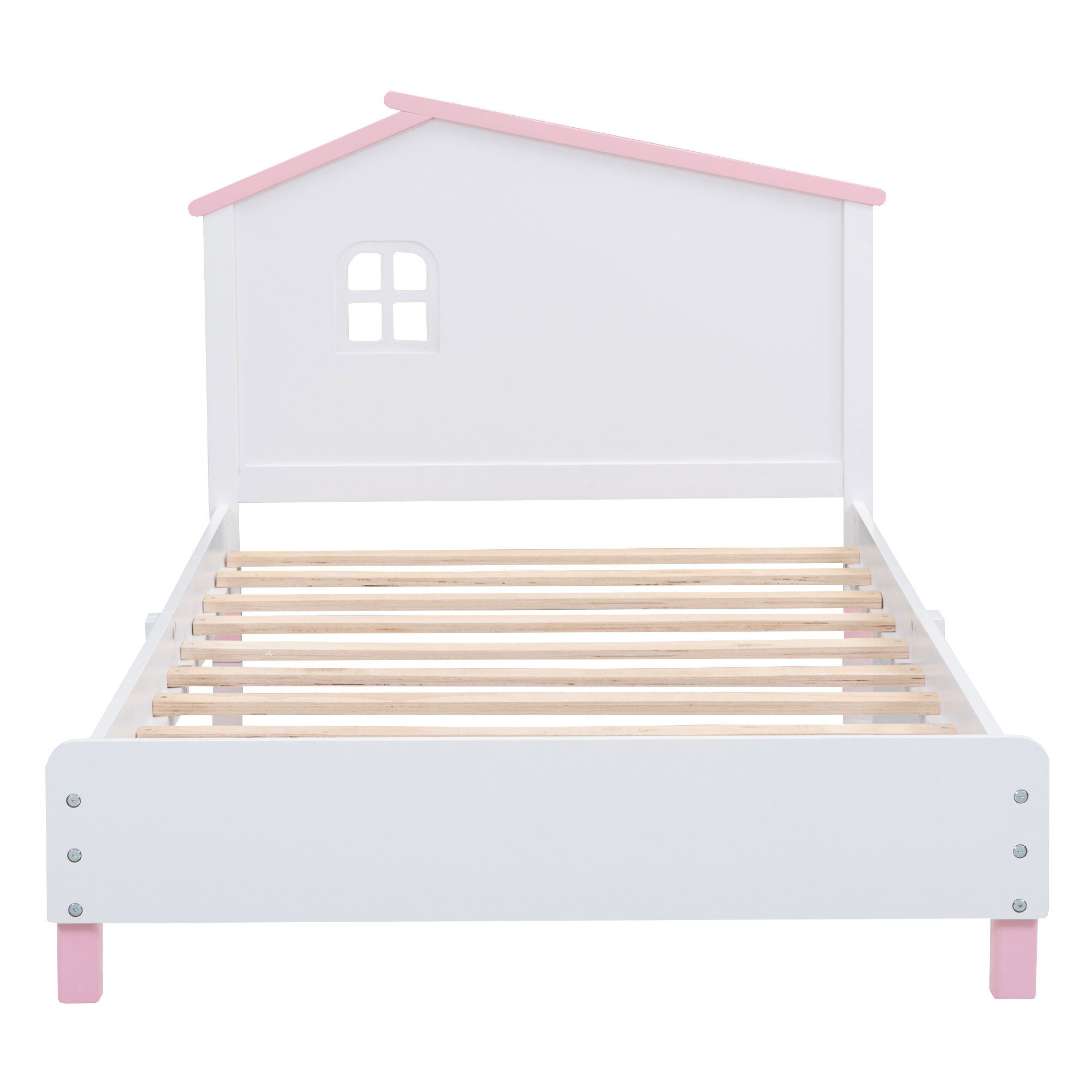 Twin Size Wood Platform Bed with House-shaped Headboard  (White+Pink)