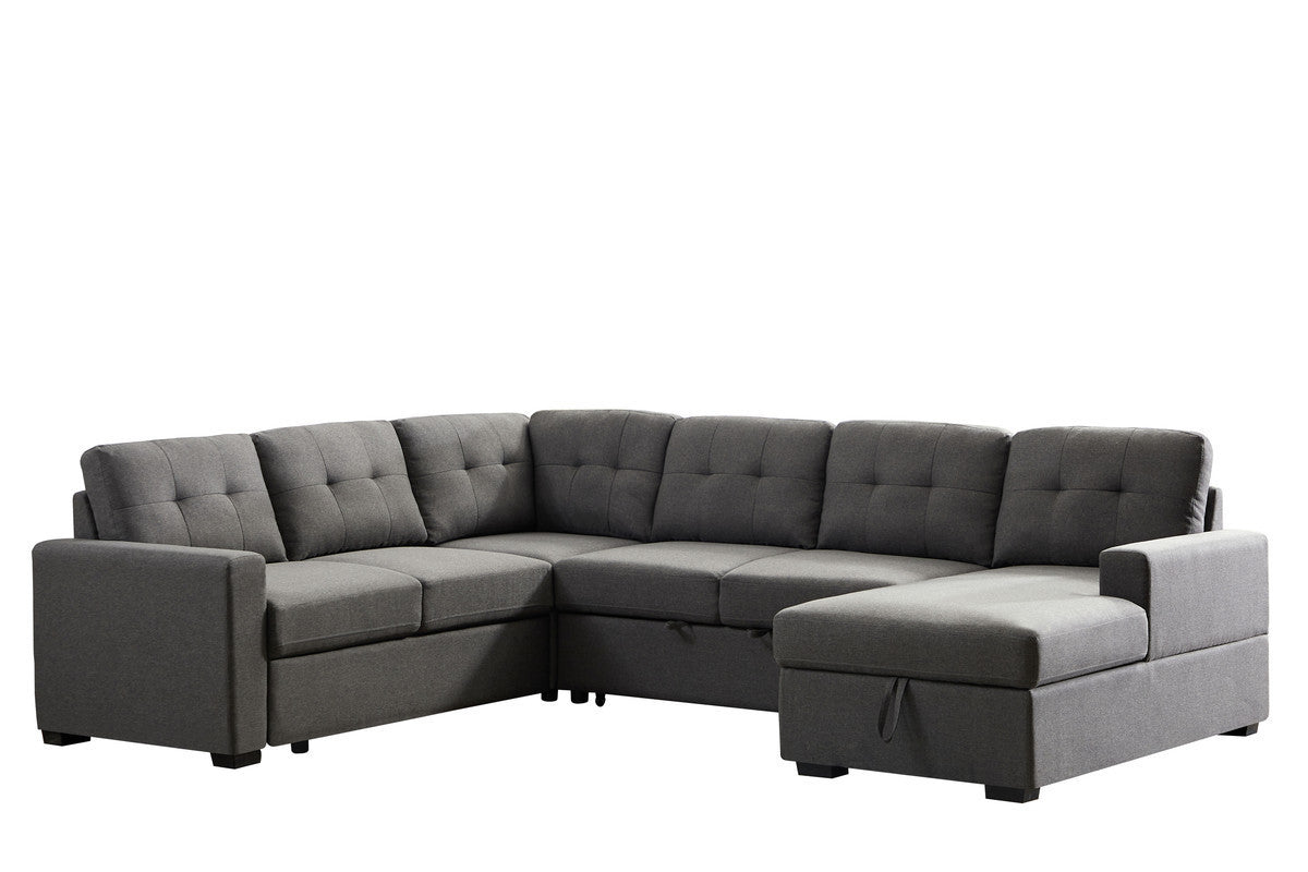 Selene Dark Gray Linen Fabric Sleeper Sectional Sofa with Storage Chaise