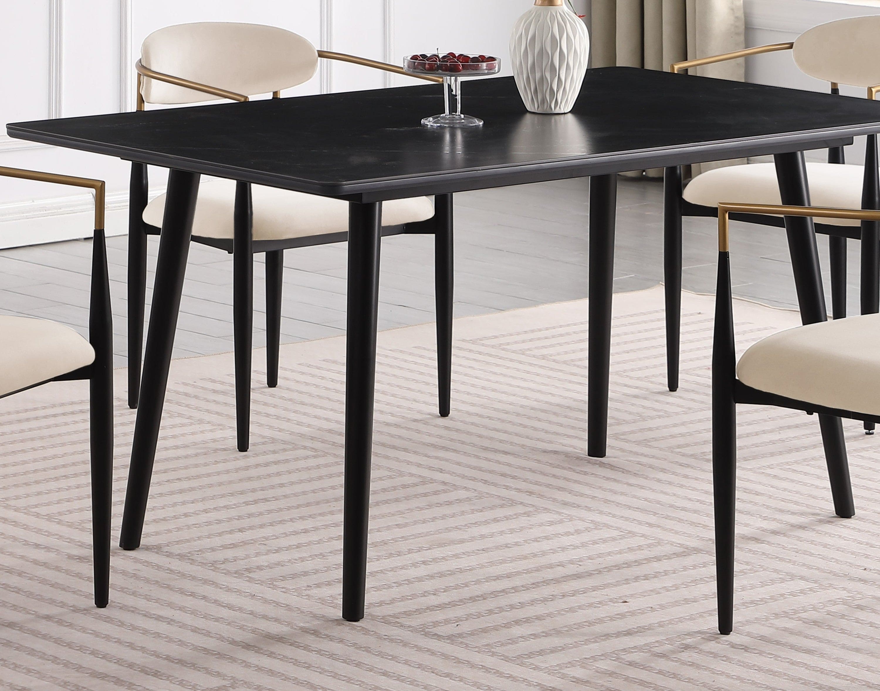 Modern Contemporary 5pc Dining Set Black Sintered Stone Table and Taupe Chairs Fabric Upholstered Stylish Furniture