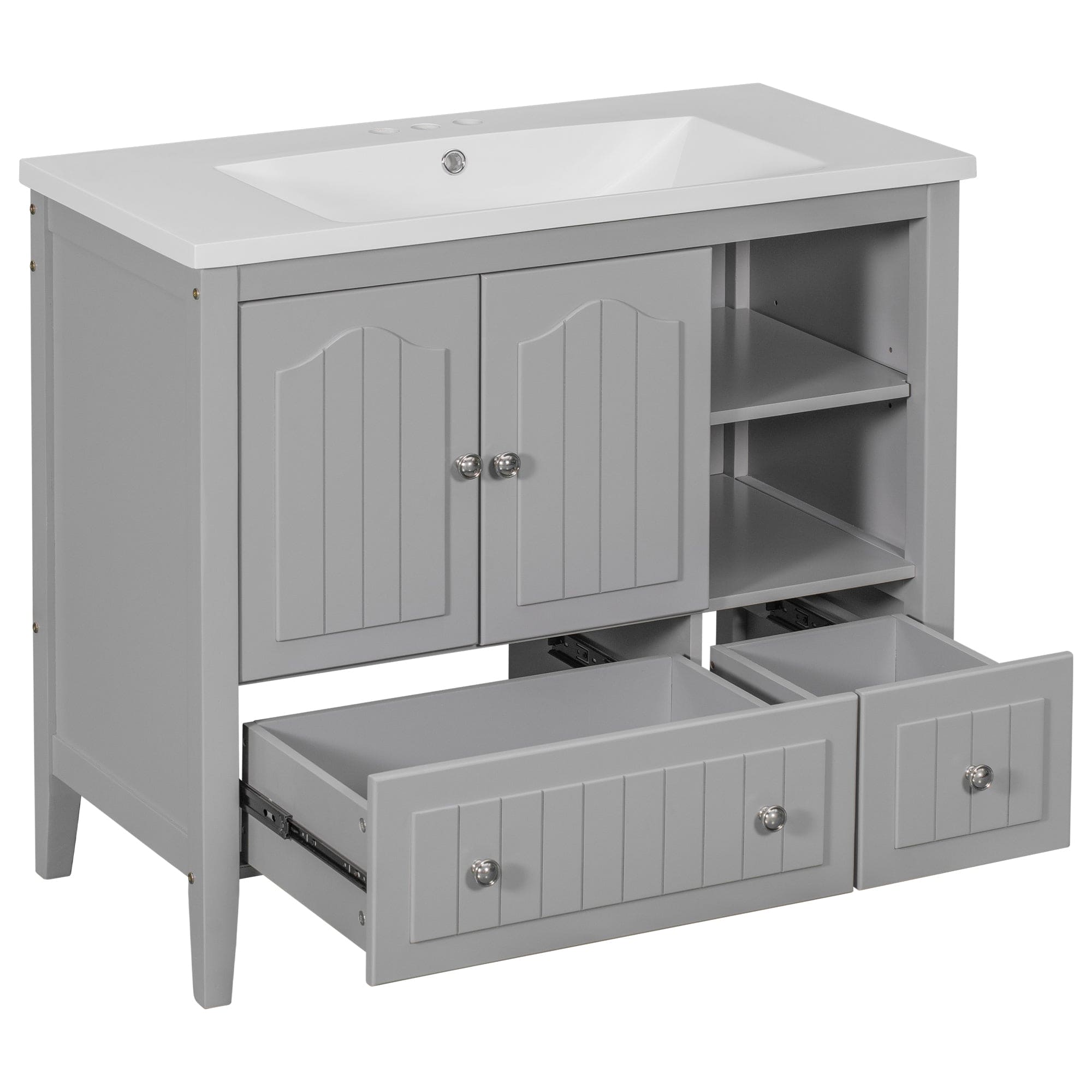 [VIDEO] 36" Bathroom Vanity with Ceramic Basin, Bathroom Storage Cabinet with Two Doors and Drawers, Solid Frame, Metal Handles, Grey (OLD SKU: JL000003AAE)