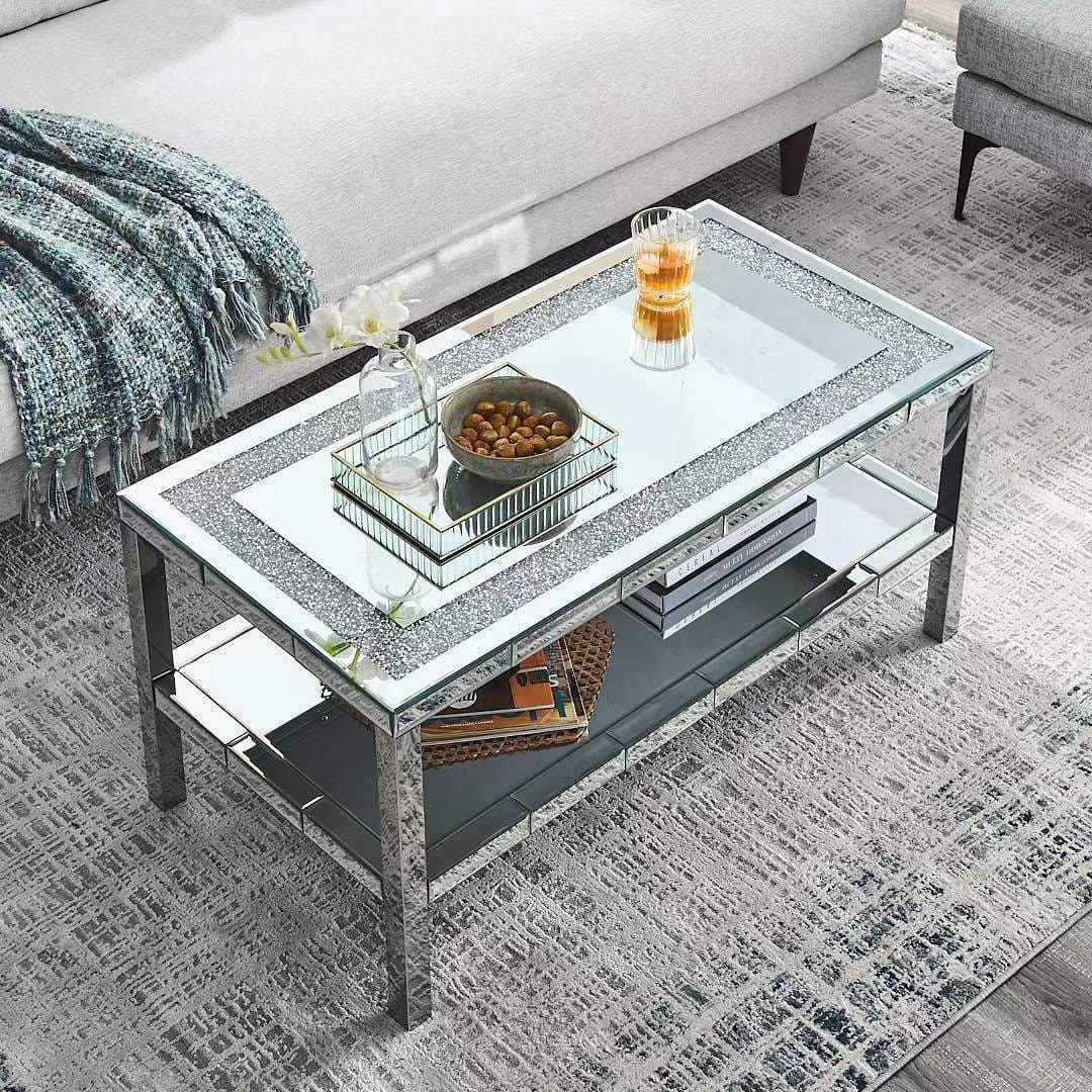 W 39" X D 19.5"X H 19.5" 2-layer crystal mirror stainless steel frame coffee table for use in offices, shops, living rooms, or bedrooms