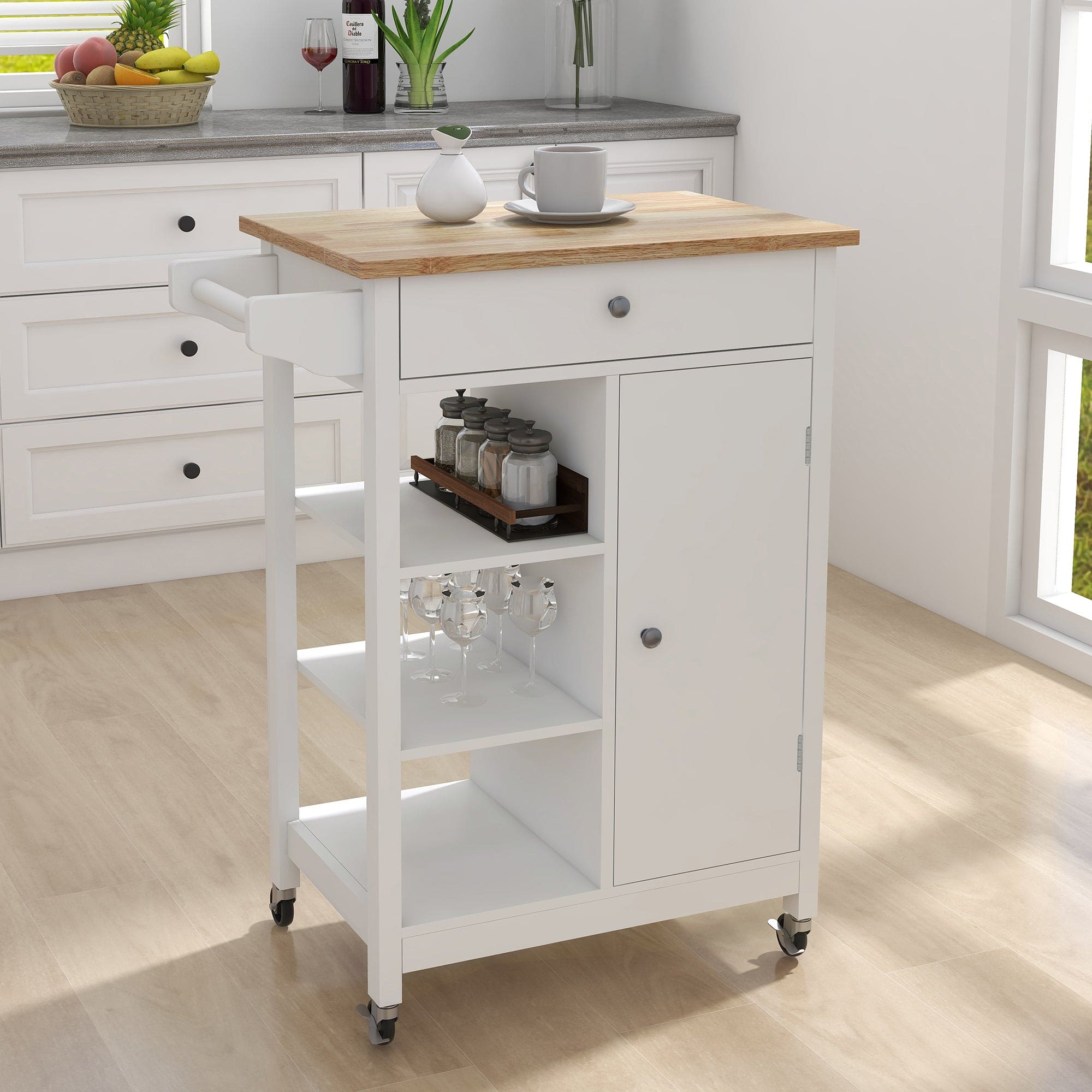 Kitchen island rolling trolley cart with towel rack rubber wood table top