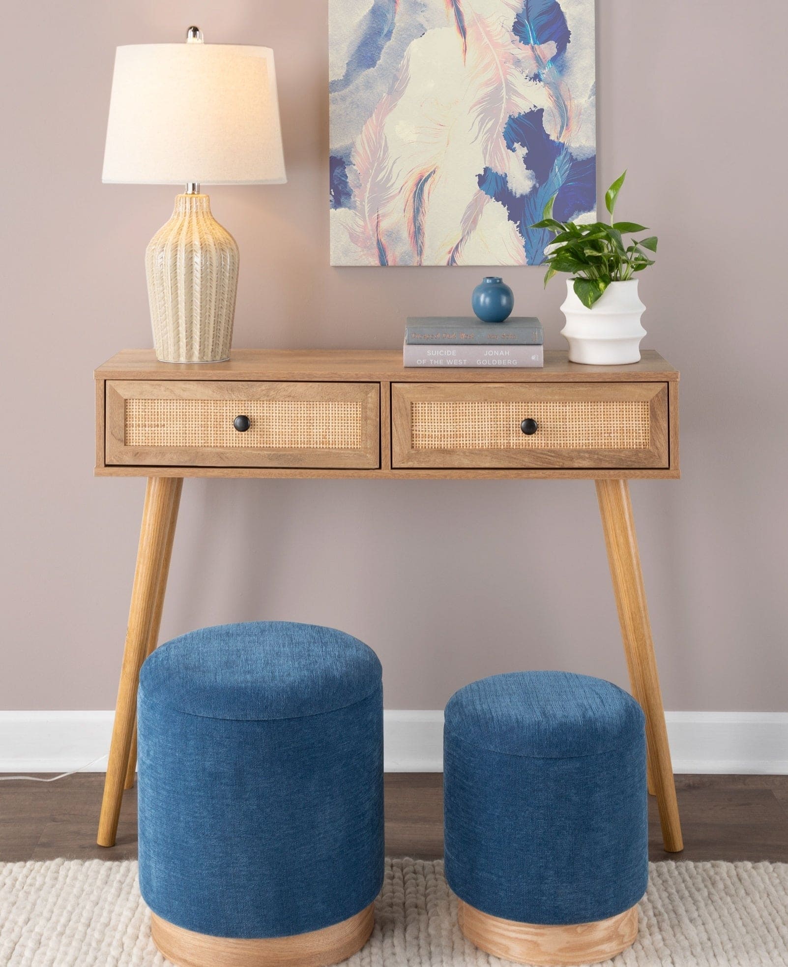 Marla Contemporary Nesting Ottoman Set in Natural Wood and Blue Fabric by LumiSource