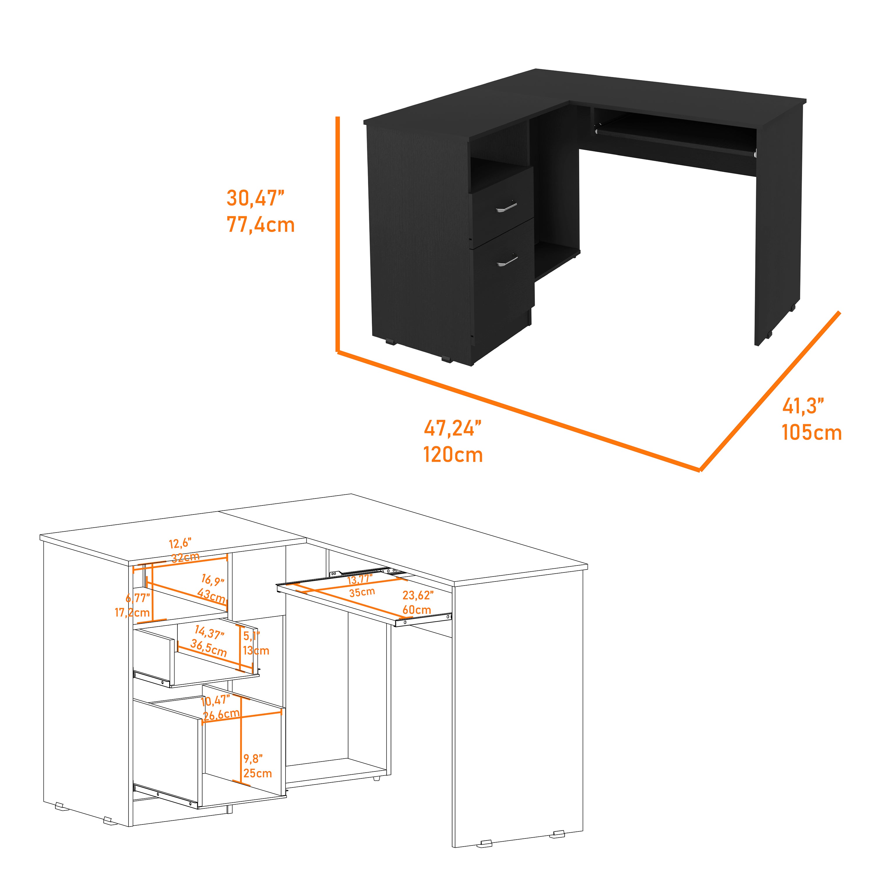 L-Shaped Desk Bradford, Keyboard Shelf, Black Wengue Finish