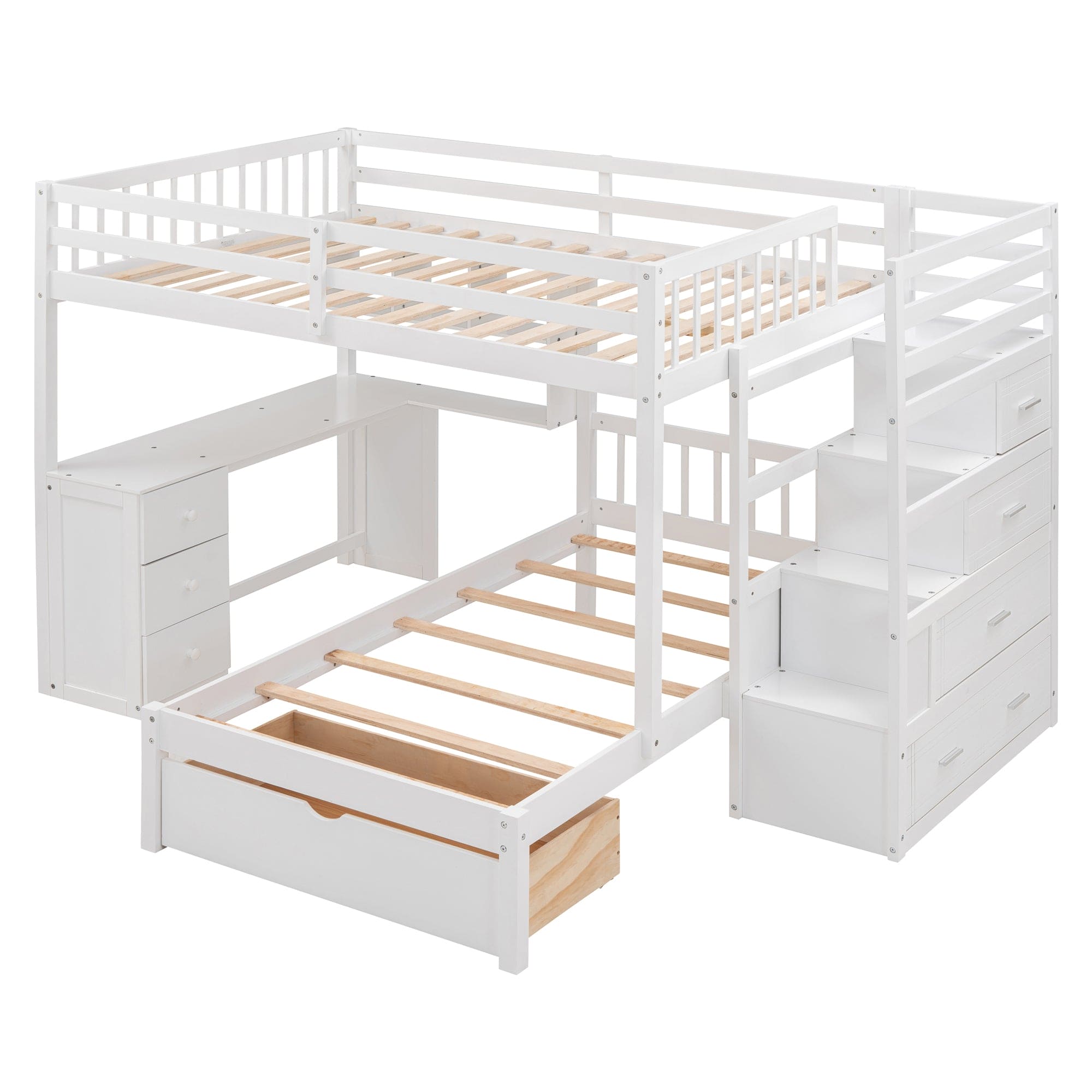 Full Over Twin Bunk Bed with Desk, Drawers and Shelves, White