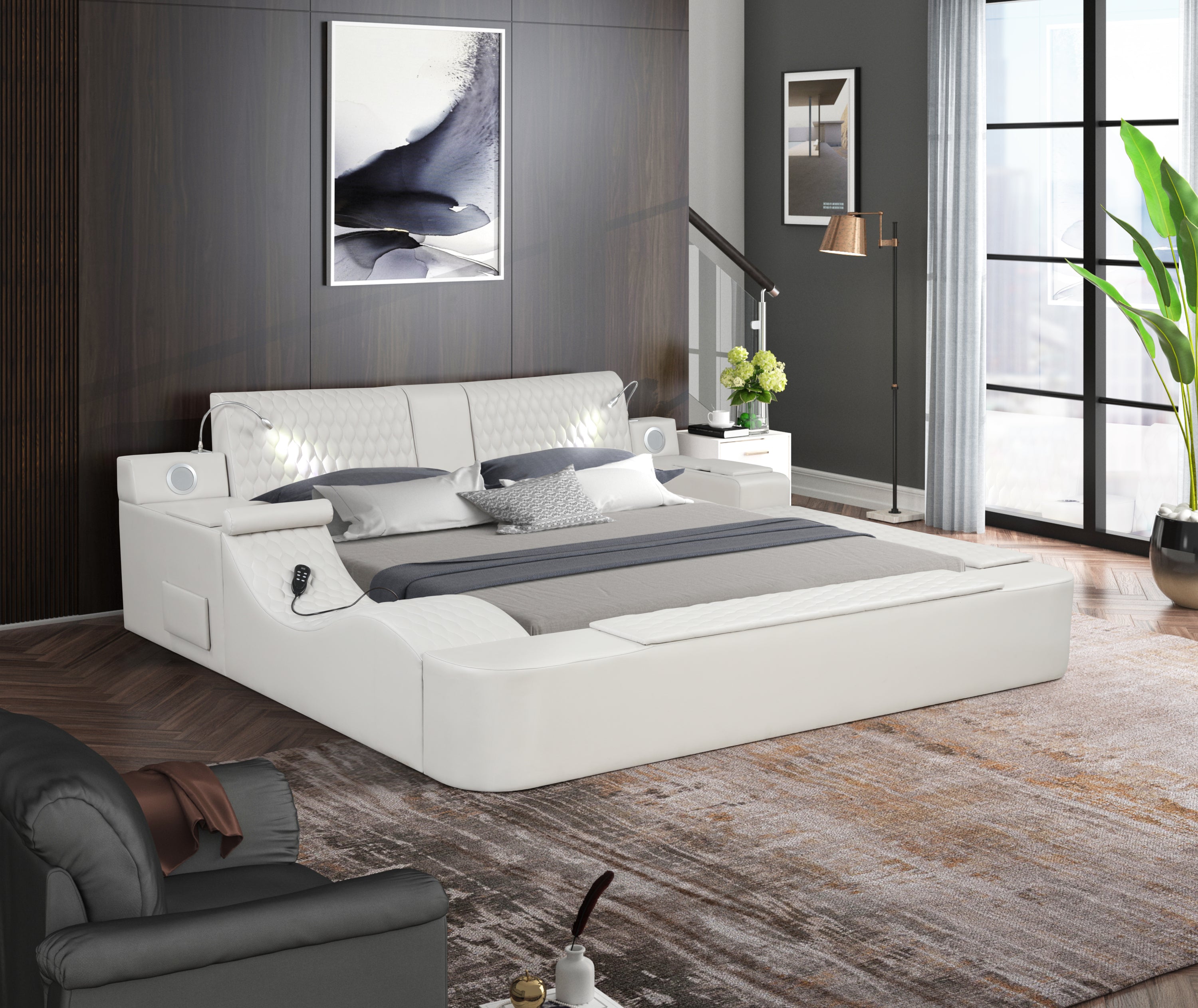 Zoya Smart Multifunctional King Size Bed Made with Wood in Beige