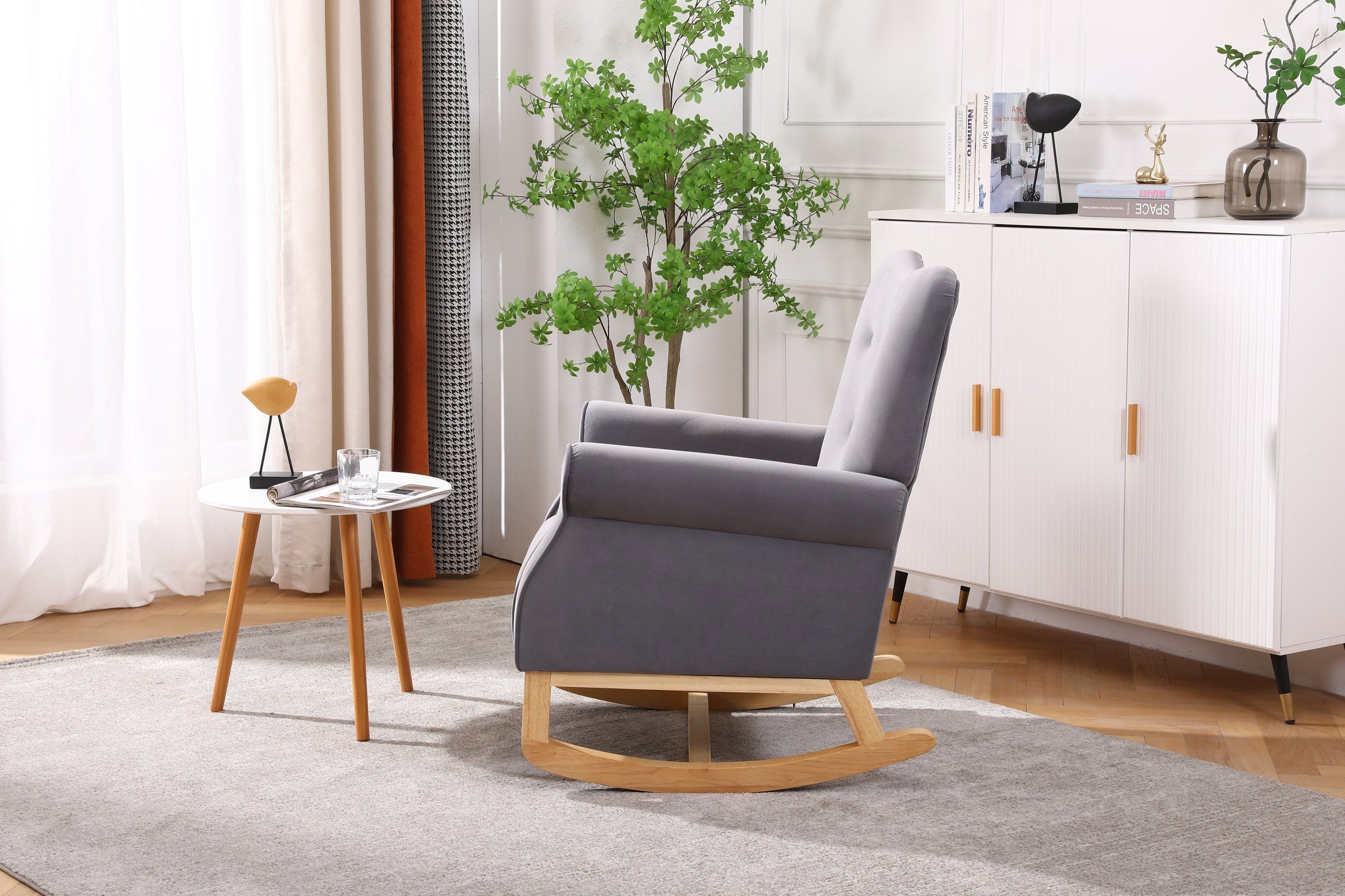 Modern Rocking Chair, Upholstered Accent Chair for Nursery, Playroom, Bedroom and Living Room, Small Contemporary Rocker, Kids Cushioned Arm Chair, Grey