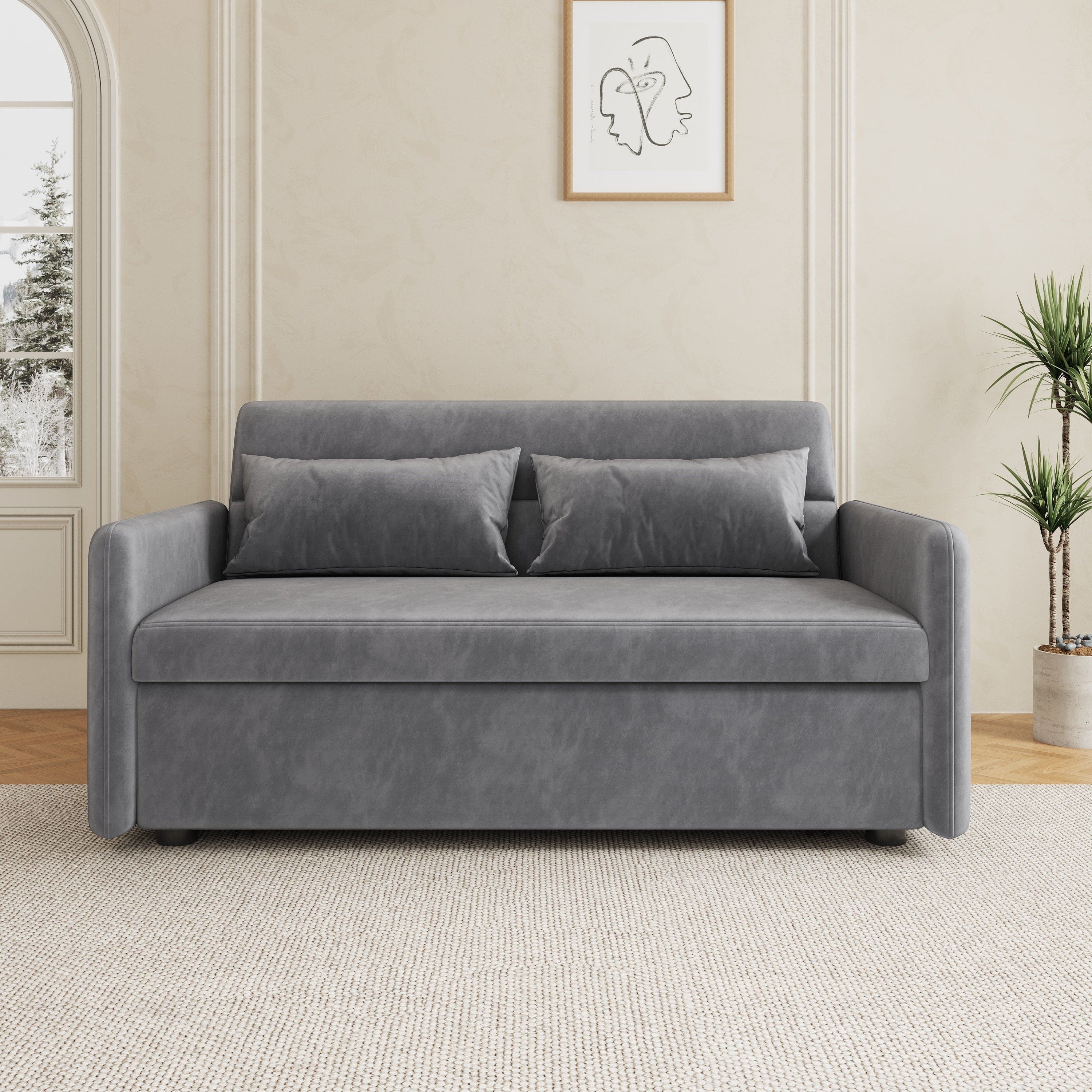 2120 Sofa Pull Out Bed Included Two Pillows 54" Grey Velvet Sofa for Small Spaces