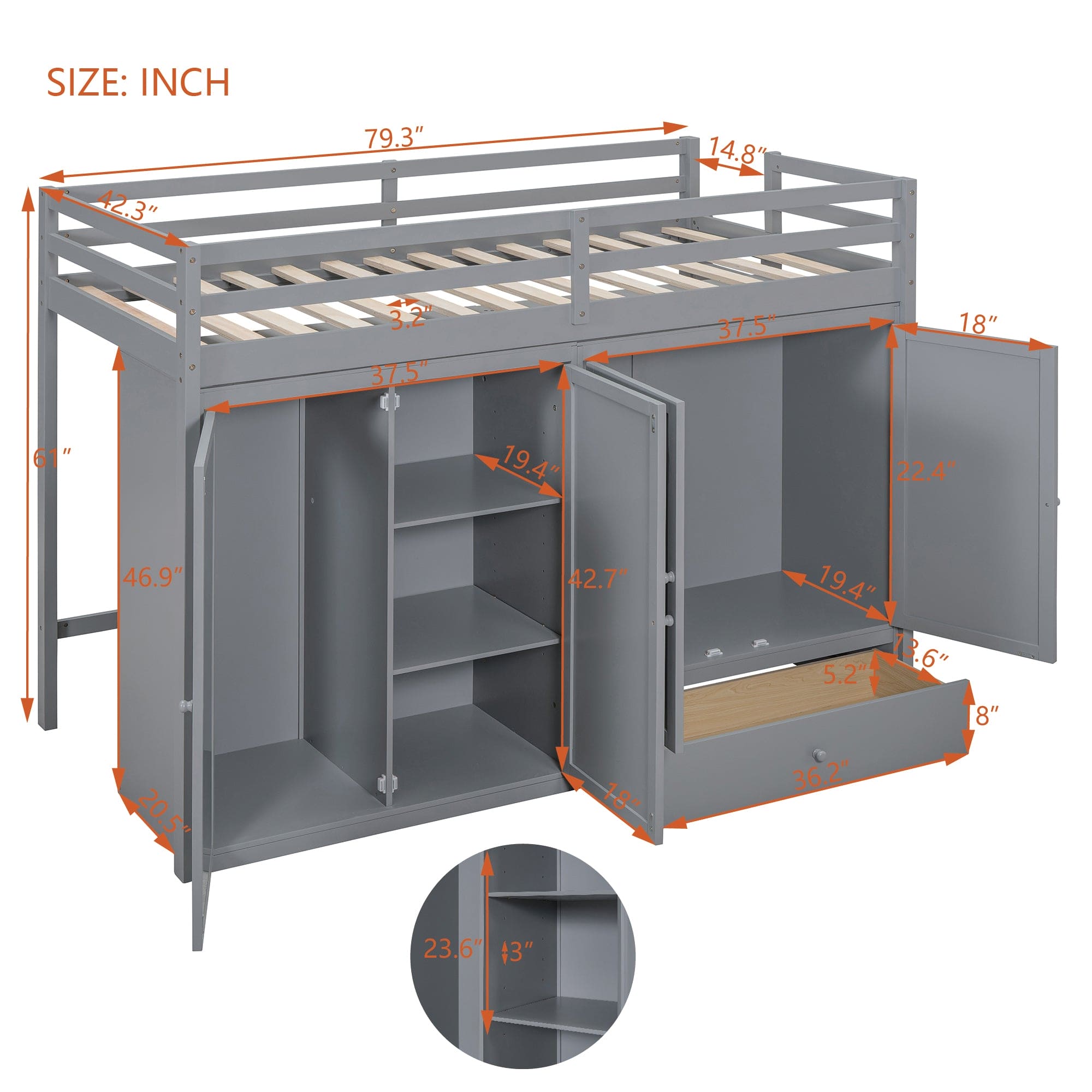 Twin size Loft Bed with Drawer, Two Wardrobes and Mirror, Gray