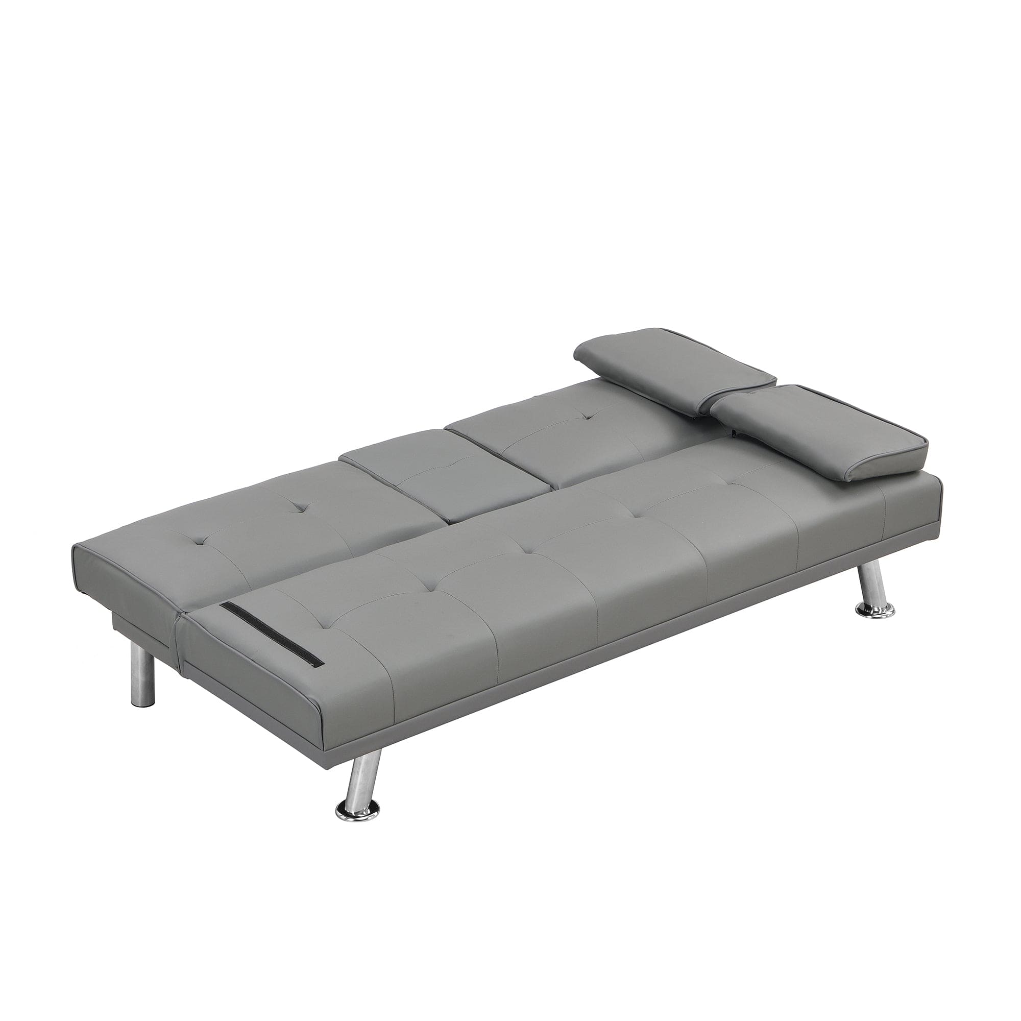 sofa bed with Armrest two holders  WOOD FRAME, STAINLESS LEG, FUTON GREY PVC