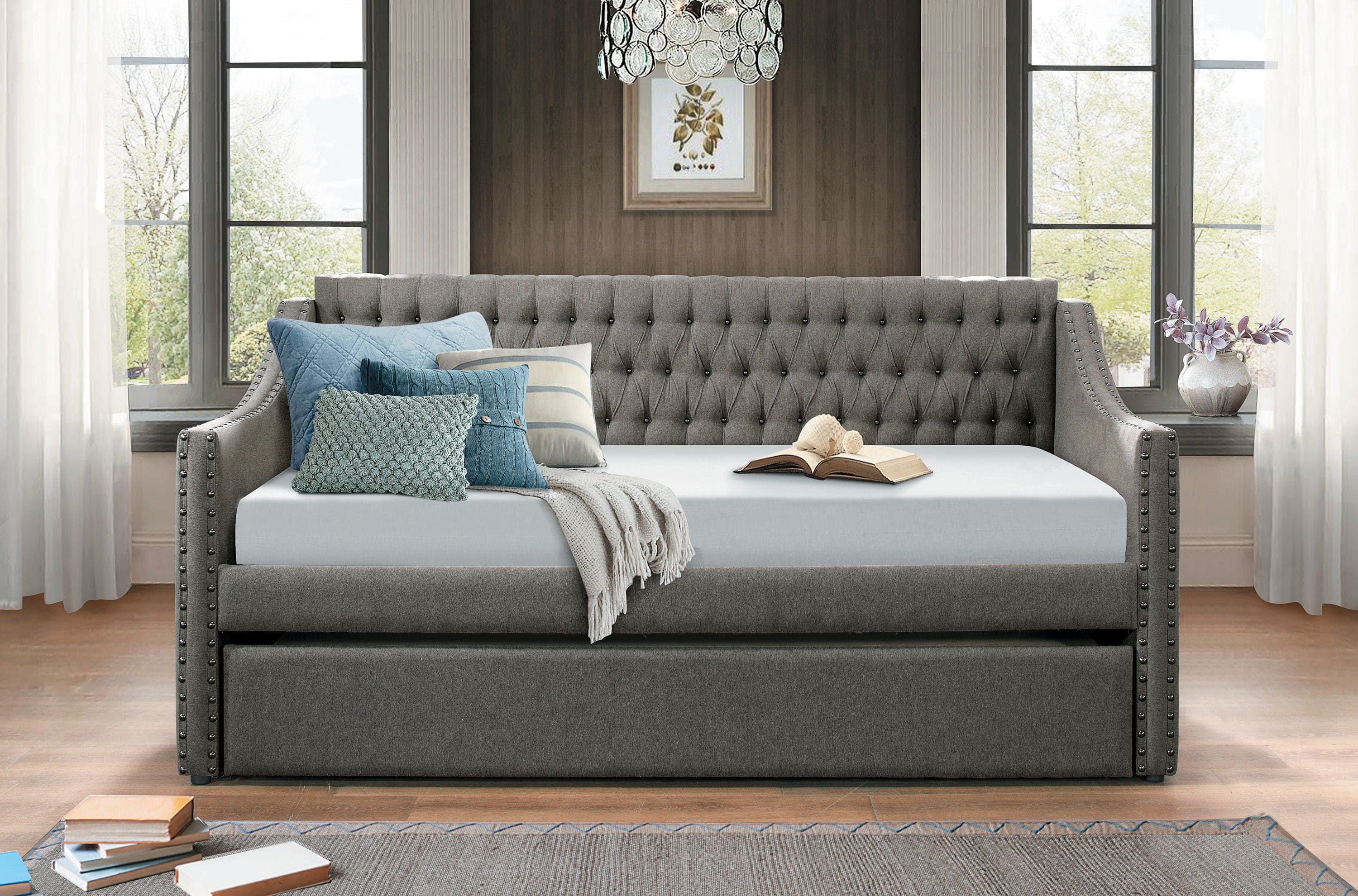 Modern Design Dark Gray Fabric Upholstered 1pc Sofa Bed w Trundle Button-Tufted Detail Nailhead Trim Day Bed