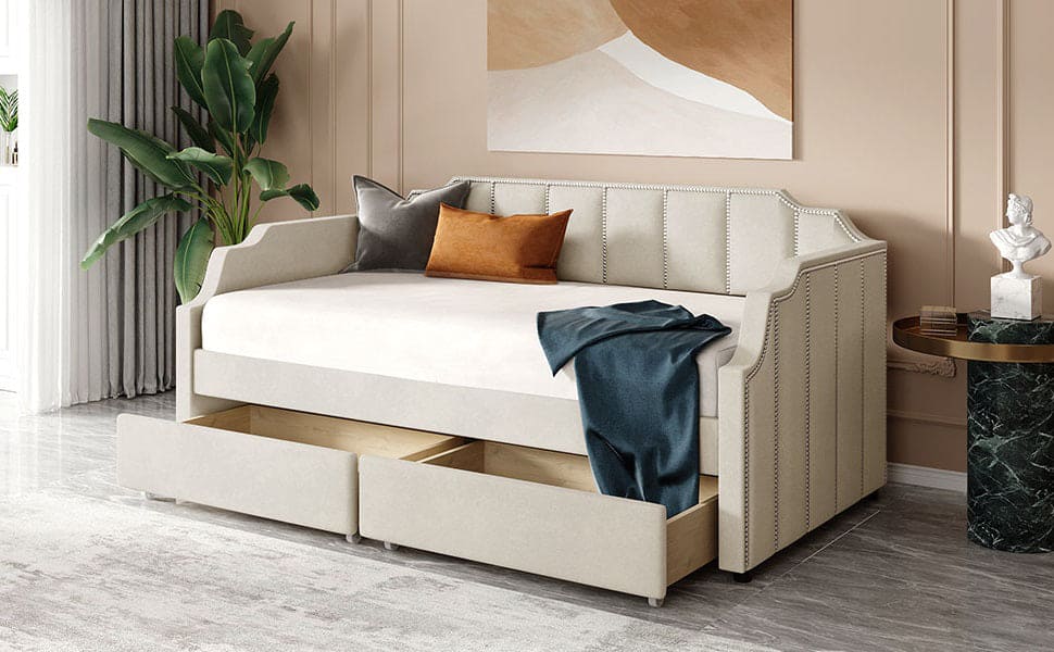 Twin Size Upholstered daybed with Drawers, Wood Slat Support, Beige