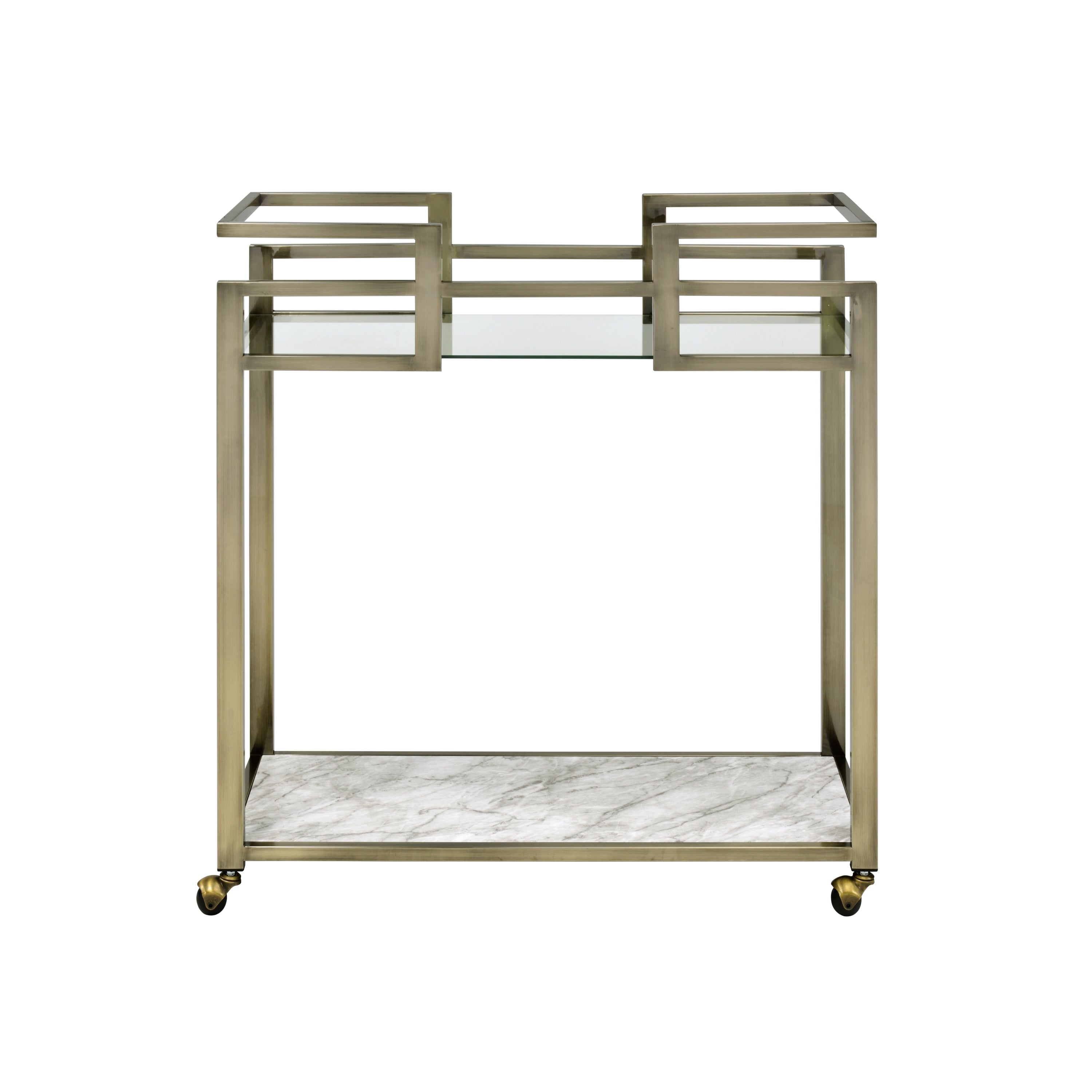 ACME Neilo Serving Cart in Clear Glass, Faux Marble & Wire Brass Finish AC00159