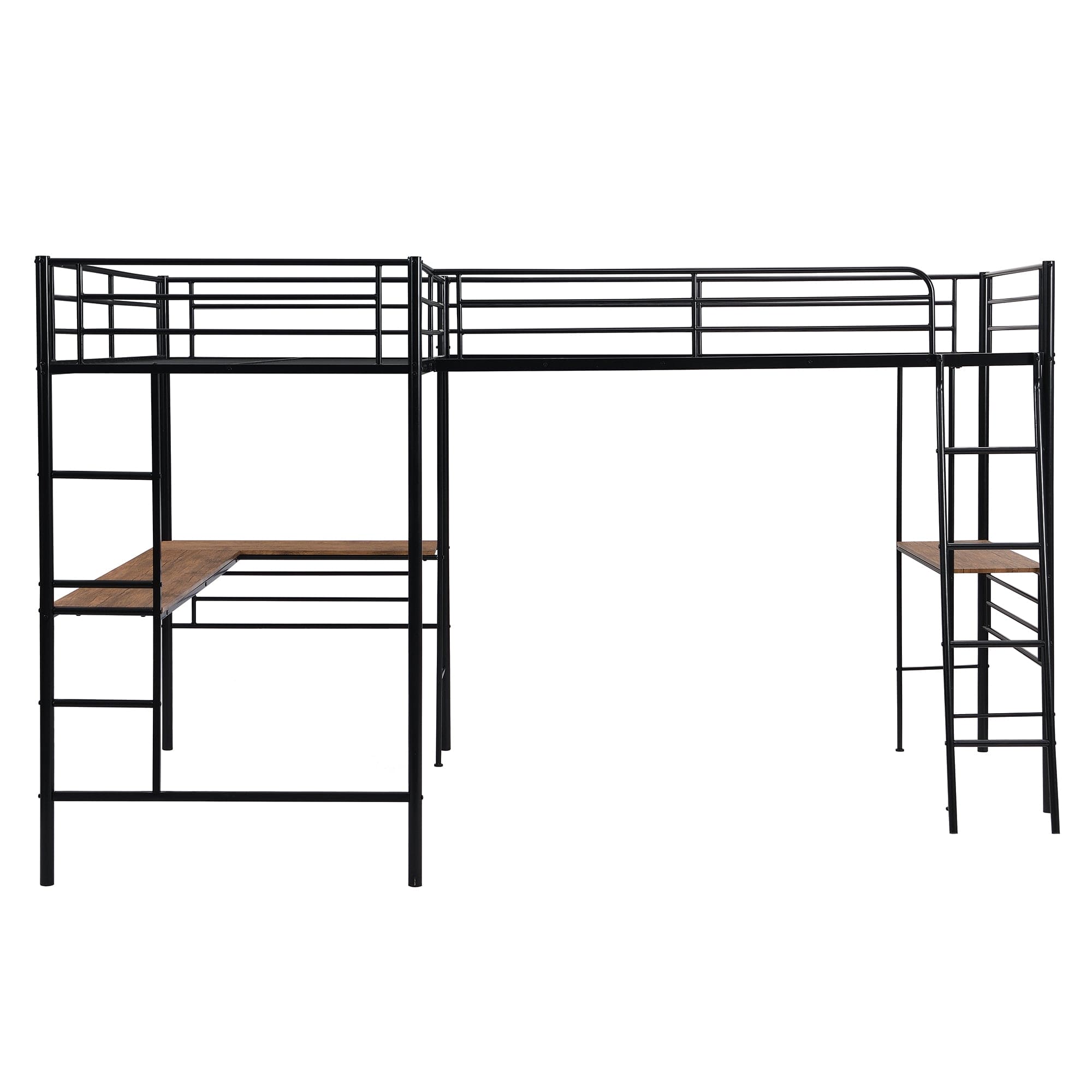 Twin Size Metal Loft Bed with Two Built-in Desks,Black