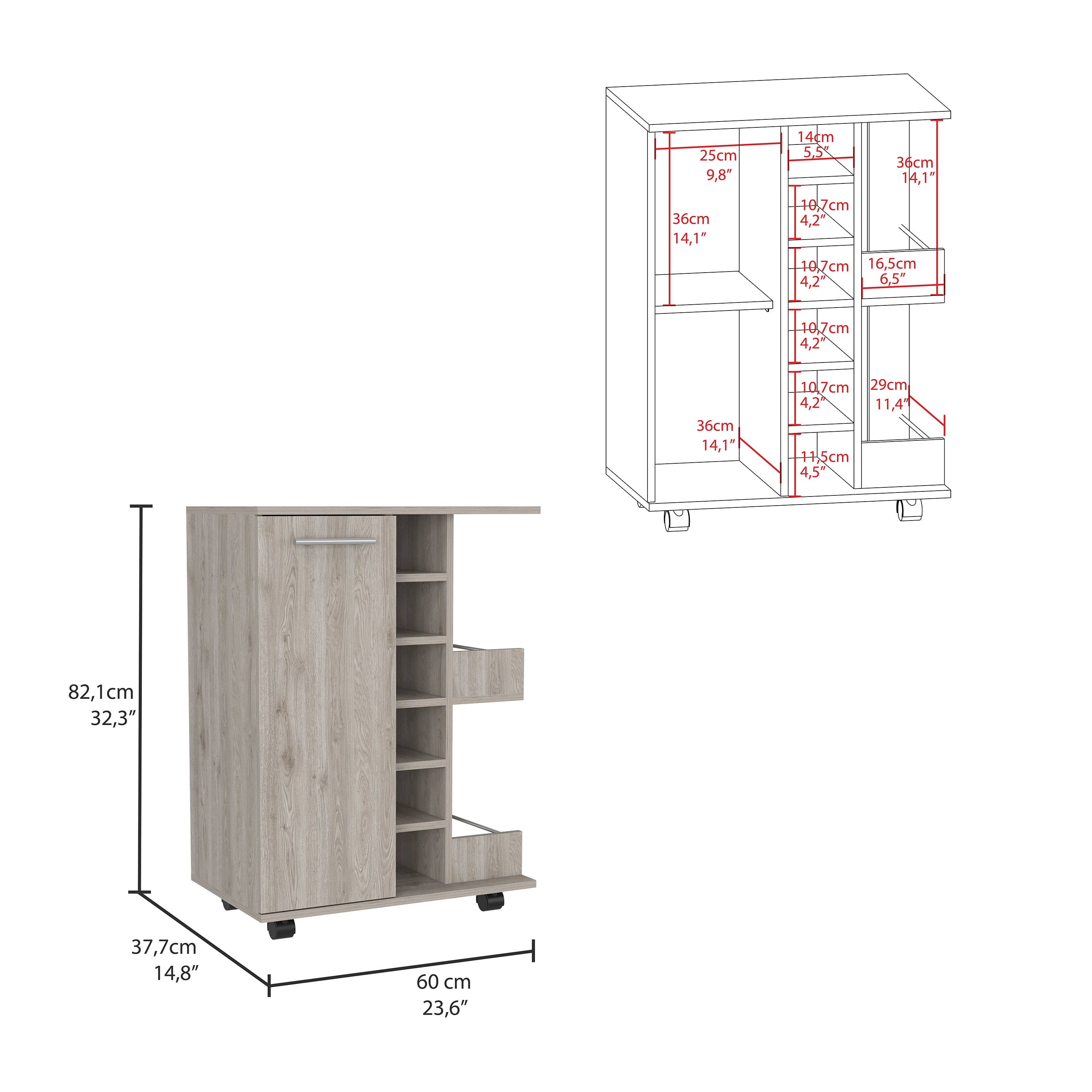 Bar Cart Wells, Four Casters, Light Gray Finish