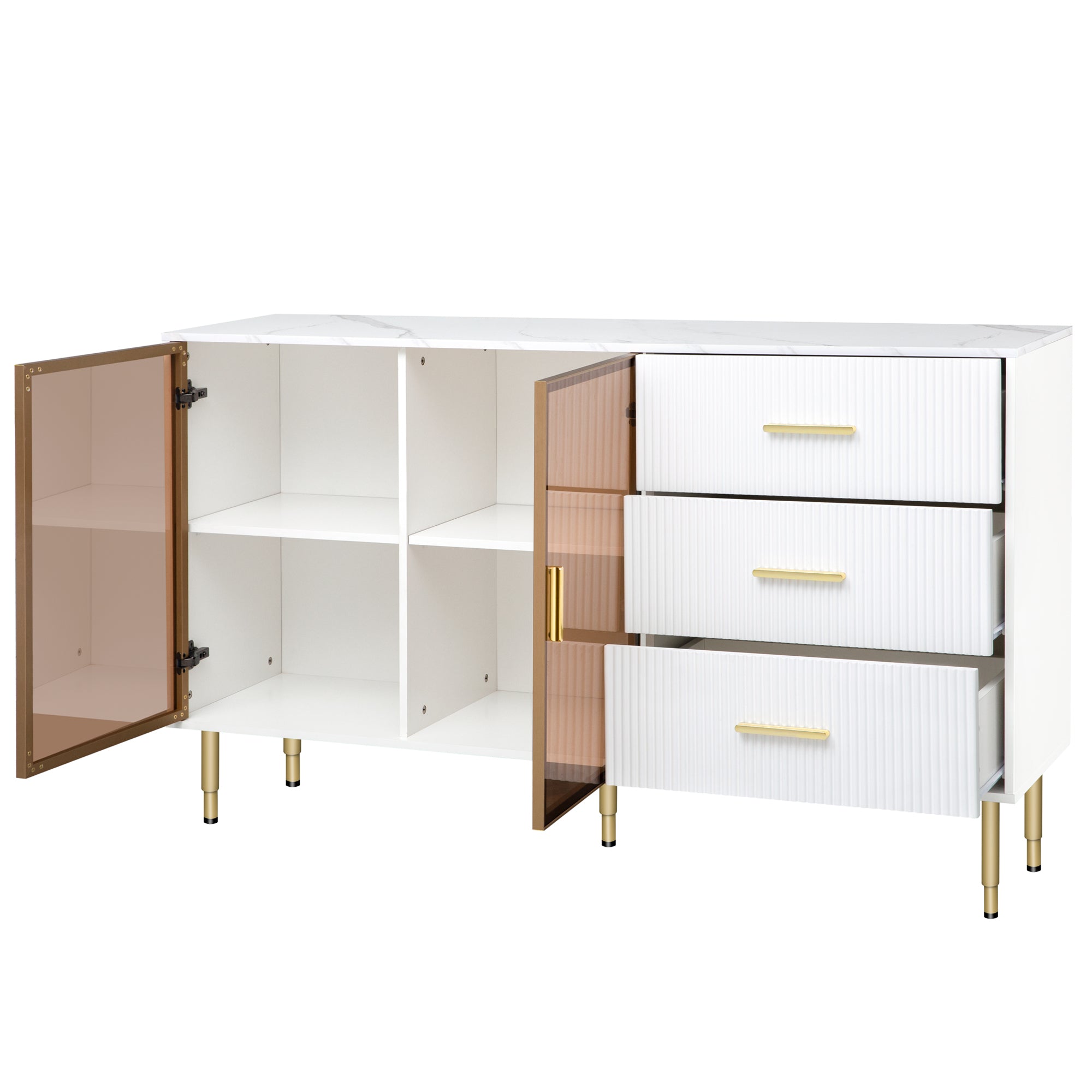 TREXM Modern Sideboard MDF Buffet Cabinet Marble Sticker Tabletop and Amber-yellow Tempered Glass Doors with Gold Metal Legs & Handles (White)