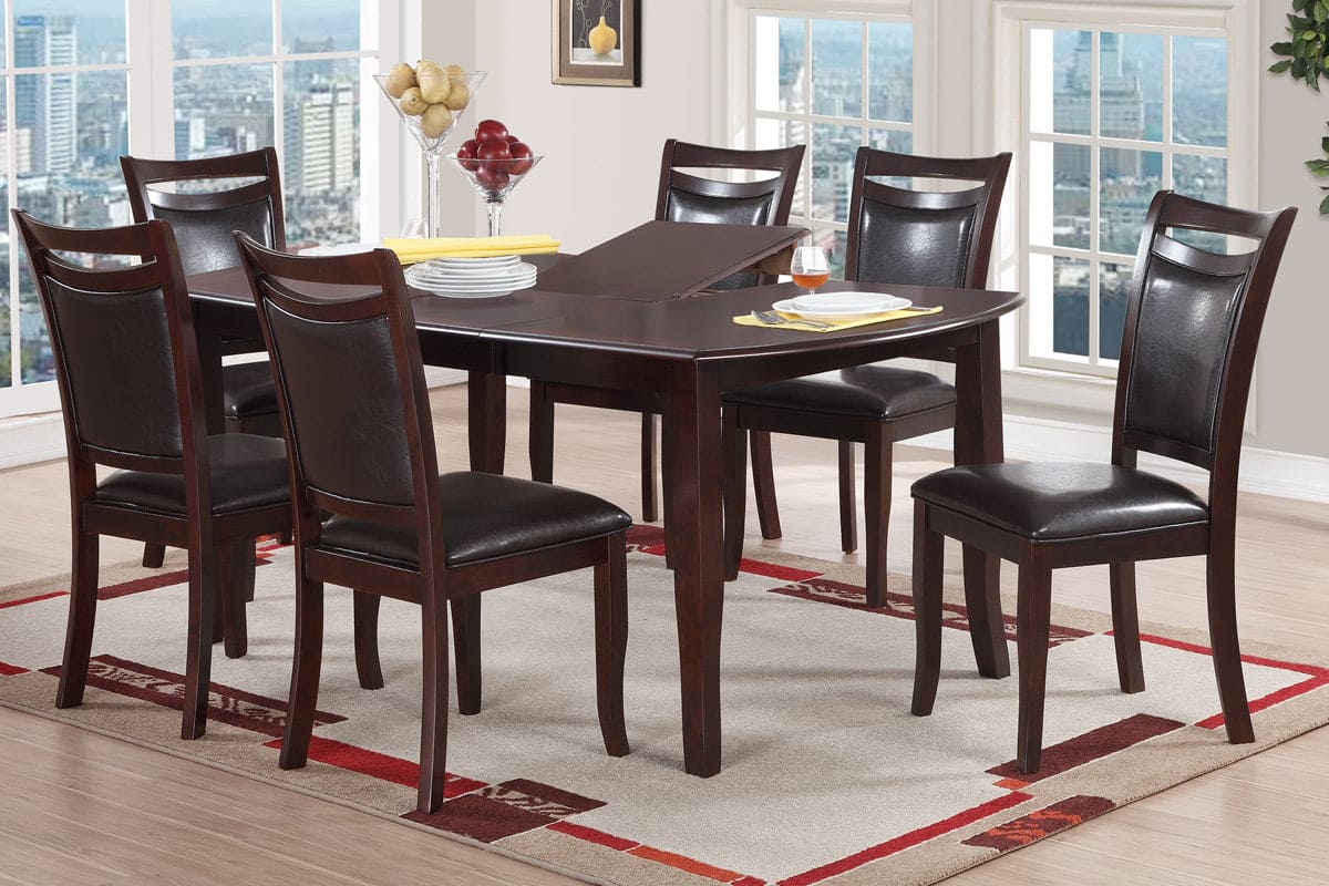 Dining Room Furniture Dark Brown Dining Table w Butterfly Leaf 6x Side Chairs Wooden Top 7pc Set Rectangular Table Contemporary