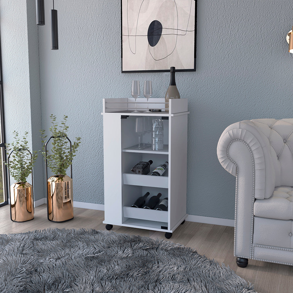 Bar Cart with Two-Side Shelves Beaver, Glass Door and Upper Surface, White Finish