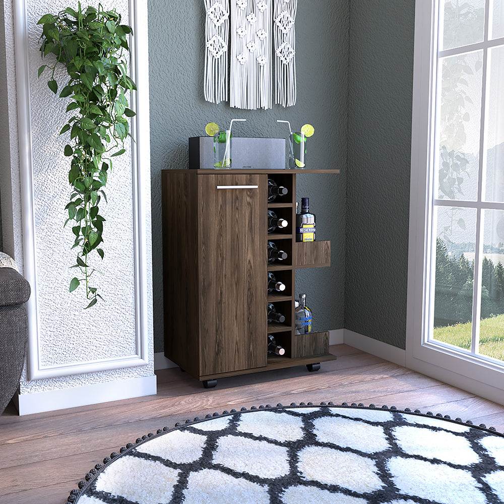 Bar Cart Wells, Four Casters, Dark Walnut Finish