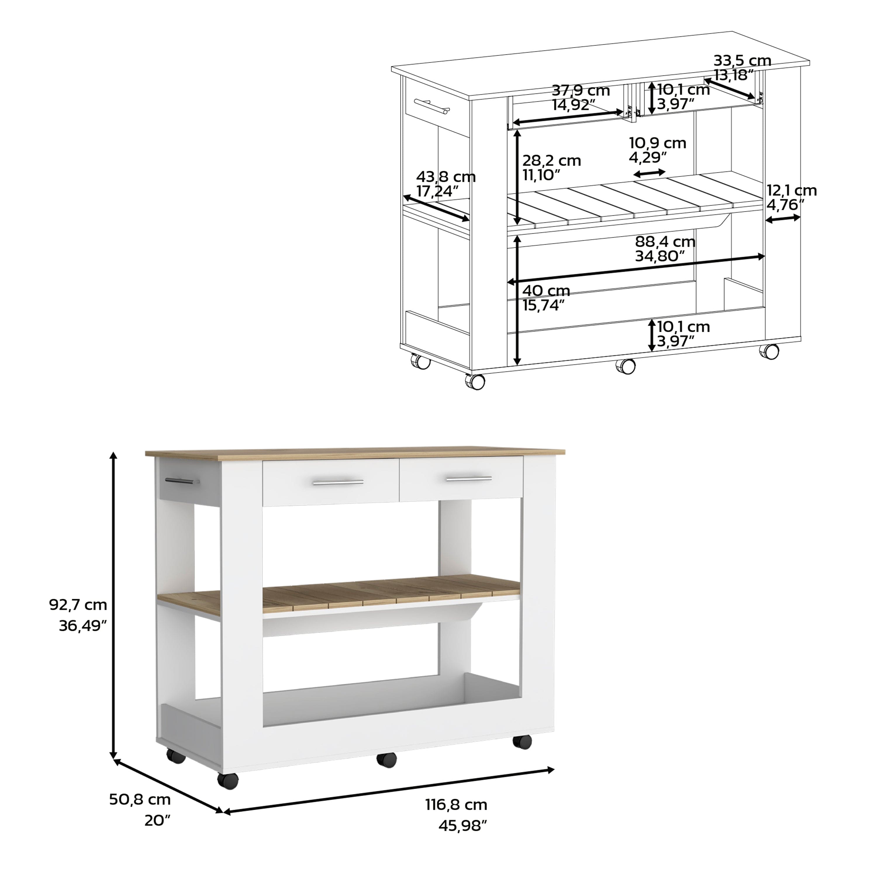 Kitchen Island 46 Inches Dozza, Two Drawers, White / Light Oak Finish