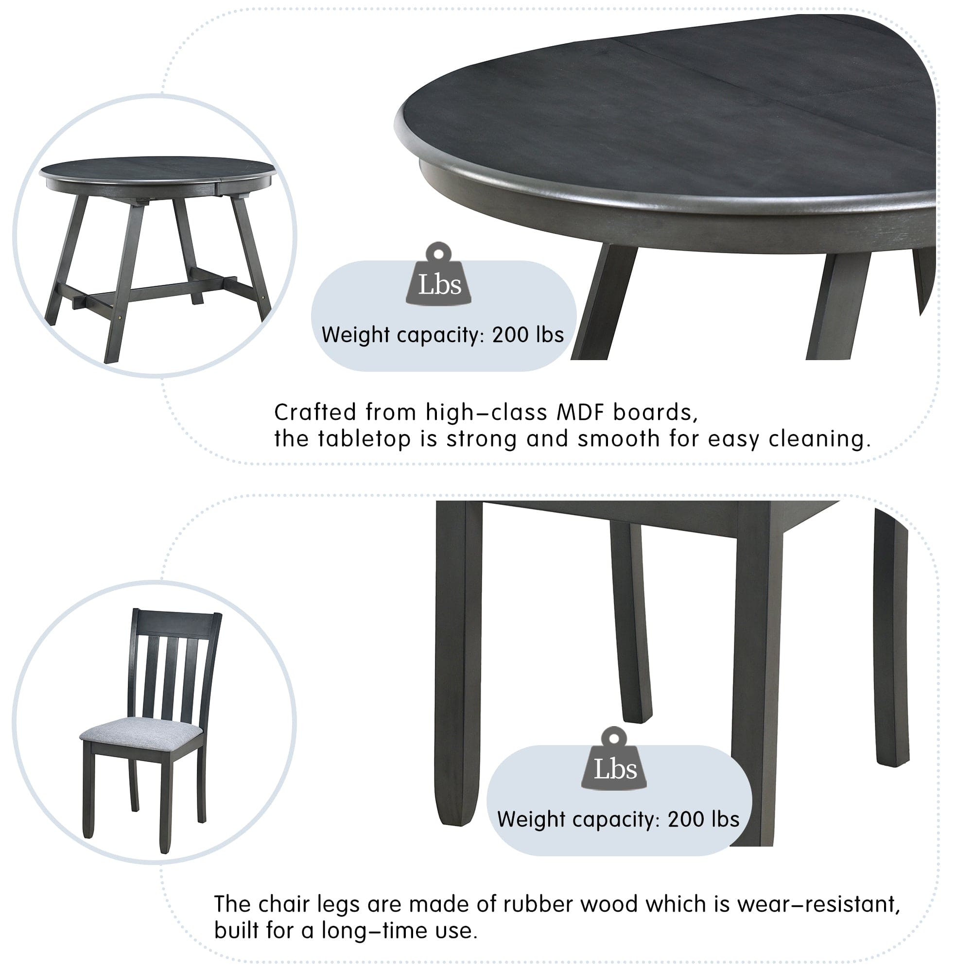 TREXM 5-Piece Wood Dining Table Set Round Extendable Dining Table with 4 Dining Chairs, Dining Room Table Set for 4 person for Dining Room (Gray)