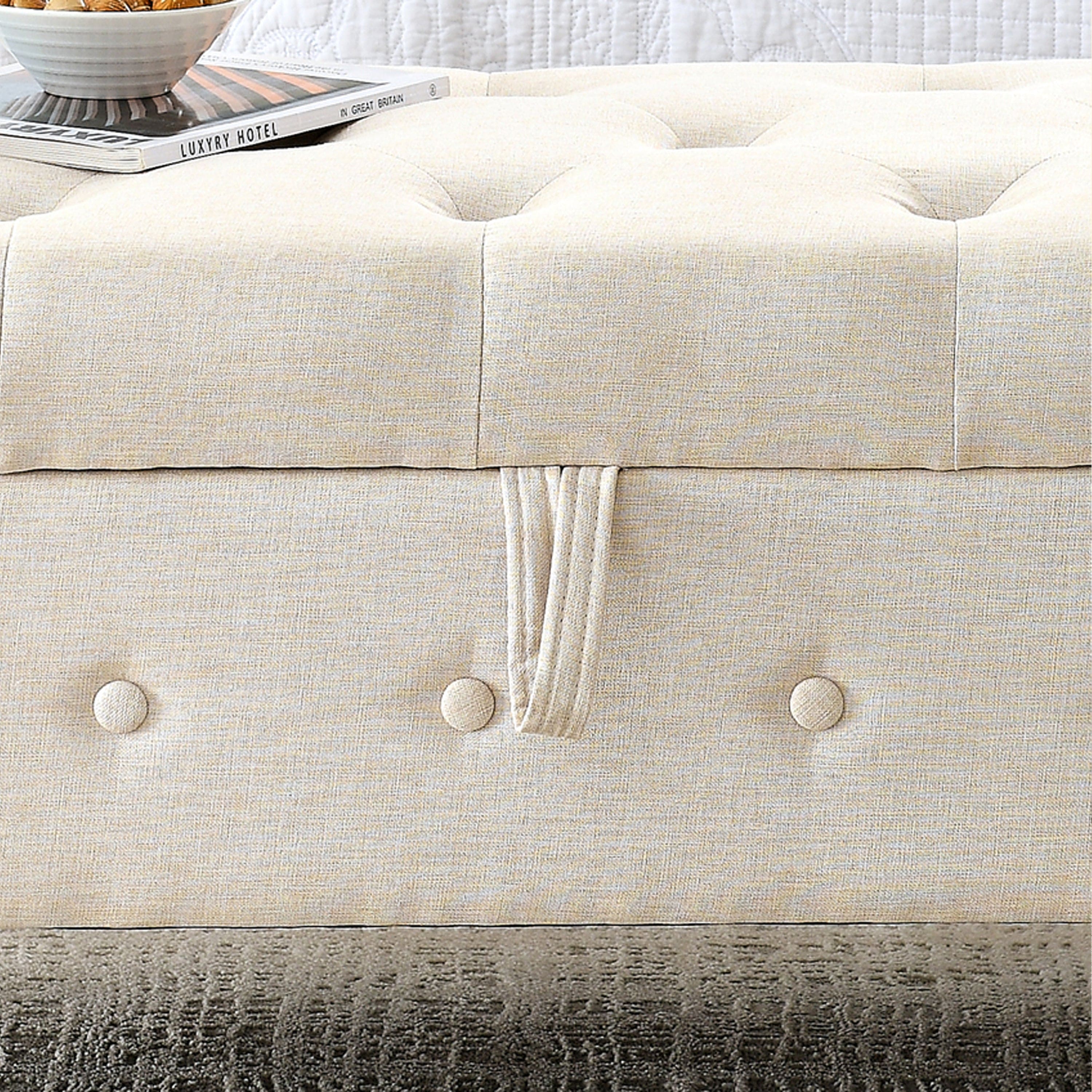 62" Bedroom Tufted Button Storage Bench, Linen Upholstered Ottoman, Window Bench, Rolled Arm Design for Bedroom, Living Room, Foyer (Beige)