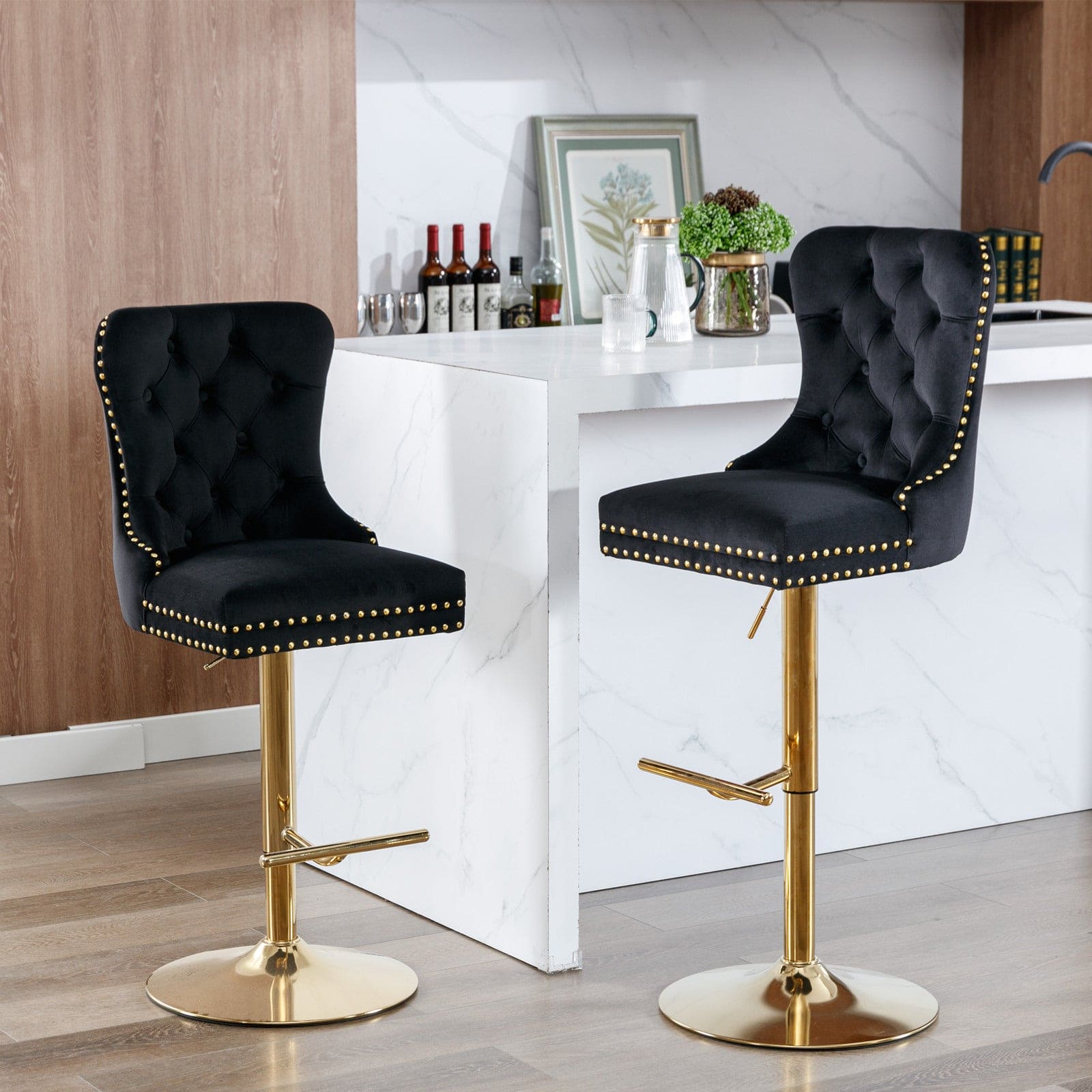 A&A Furniture,Thick Golden Swivel Velvet Barstools Adjusatble Seat Height from 27-35 Inch, Modern Upholstered Bar Stools with Backs Comfortable Tufted for Home Pub and Kitchen Island (Black,Set of 2)