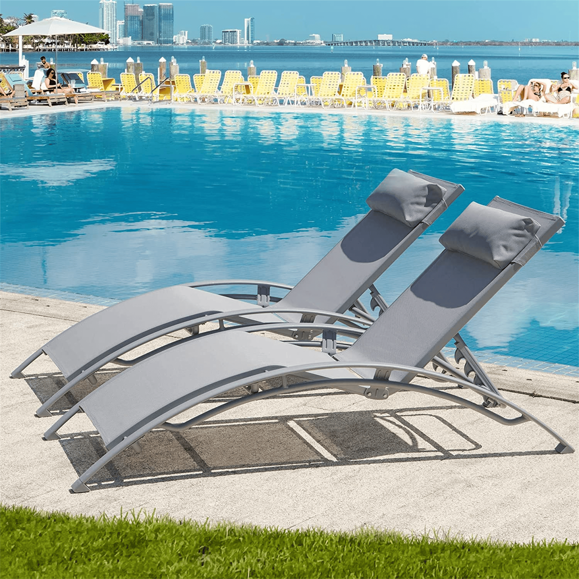 Outdoor Chaise Lounge Set of 2 Patio Recliner Chairs with Adjustable Backrest and Removable Pillow for Indoor&Outdoor Beach Pool Sunbathing Lawn (Gray, 2 Lounge  Chairs)