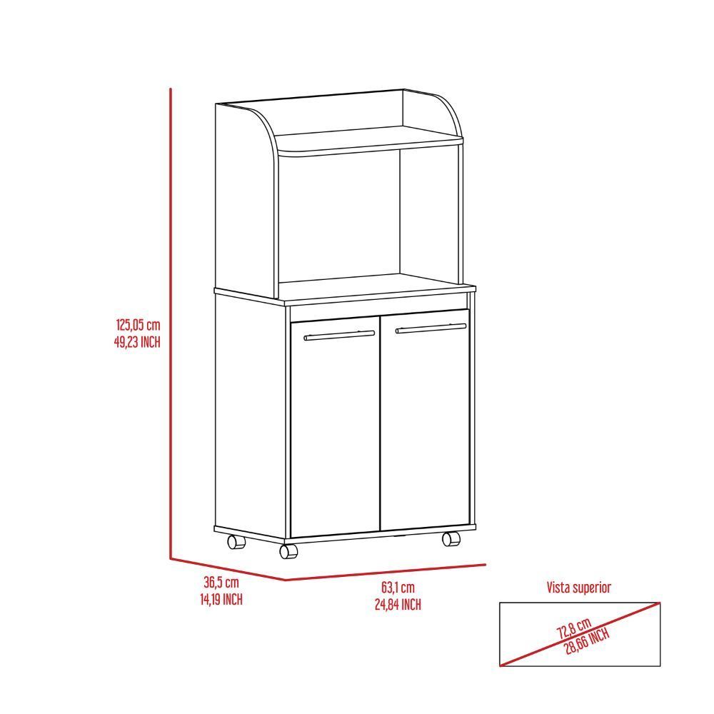 Kira Kitchen Kart, Double Door Cabinet, One Open Shelf, Two Interior Shelves -White