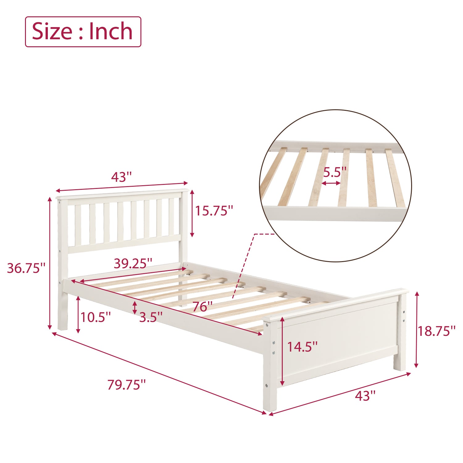 Twin Size Wood Platform Bed with Headboard,Footboard and Wood Slat Support, White