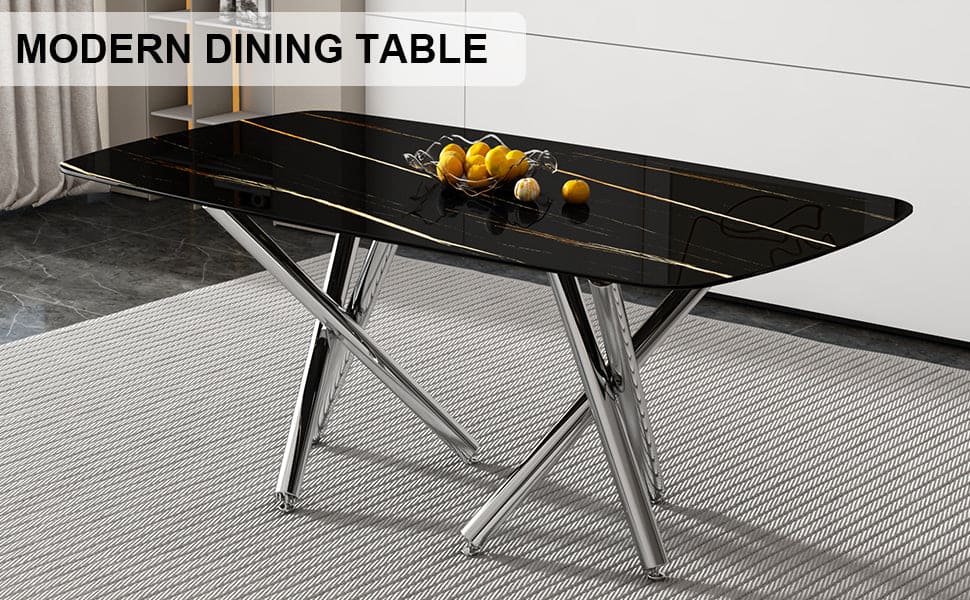 Large modern minimalist rectangular dining table with 0.39 "imitation marble black tabletop and silver metal legs, suitable for kitchens, living rooms, conference rooms, and banquet halls 1538