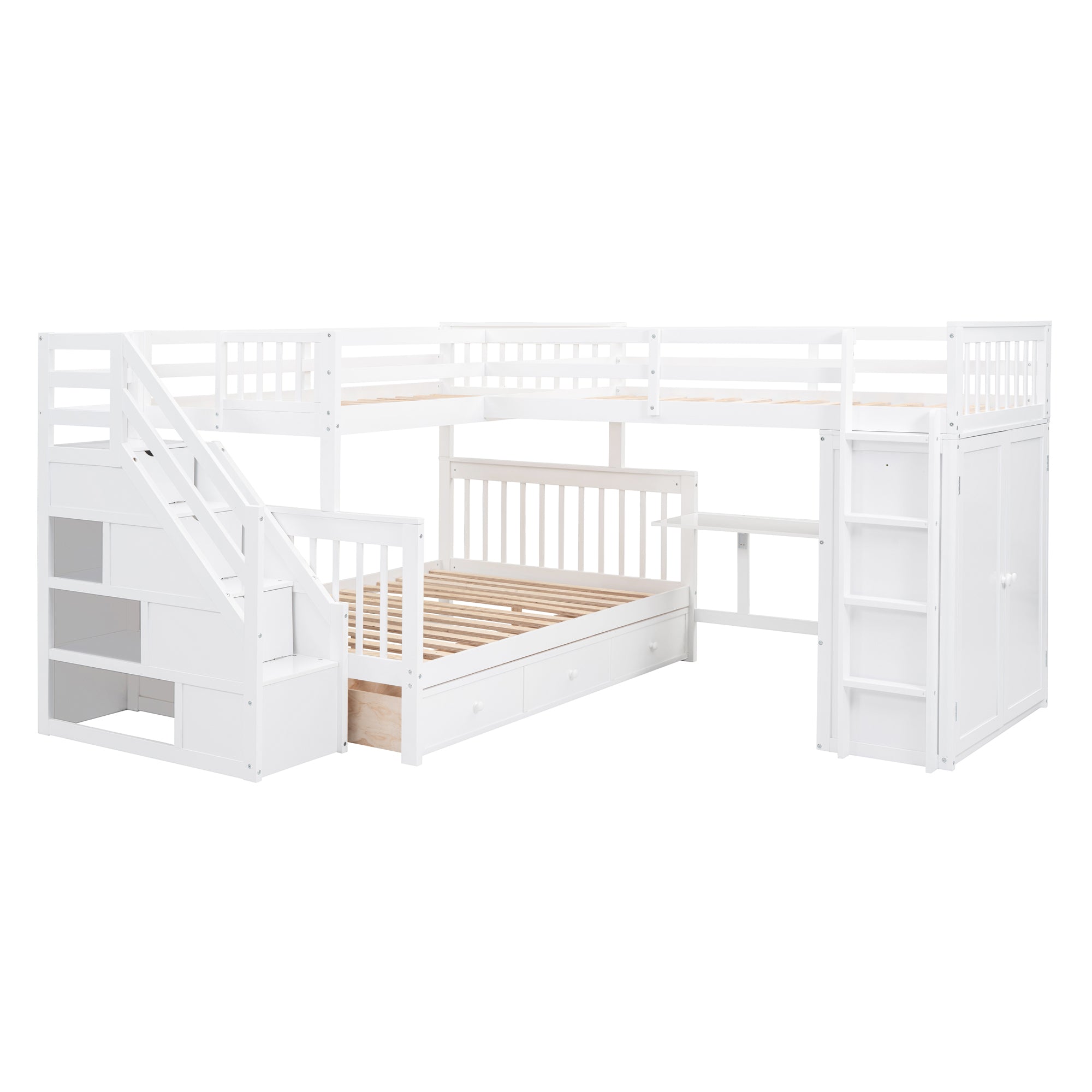 Twin-Twin over Full L-Shaped Bunk Bed With 3 Drawers, Portable Desk and Wardrobe, White