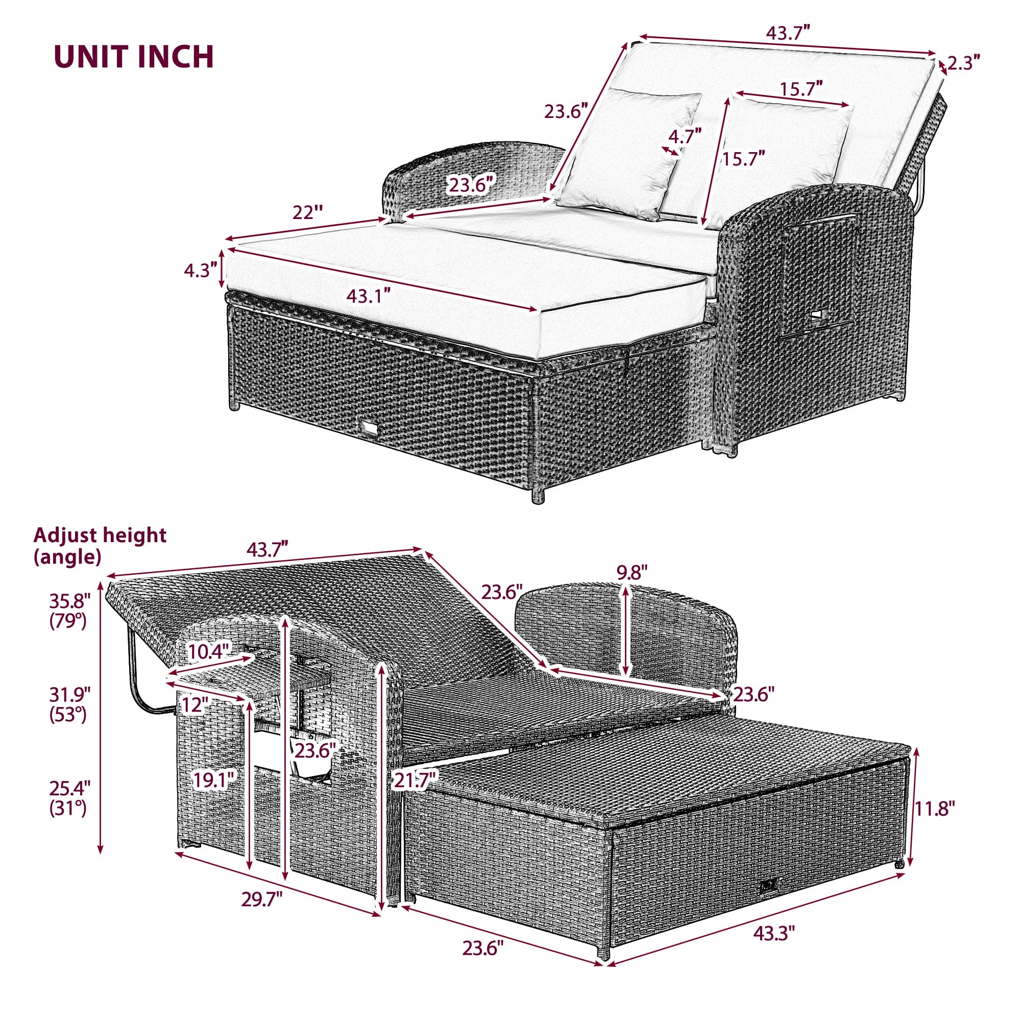 TOPMAX PE Wicker Rattan Double Chaise Lounge, 2-Person Reclining Daybed with Adjustable Back and Cushions, Free Furniture Protection Cover,Gray