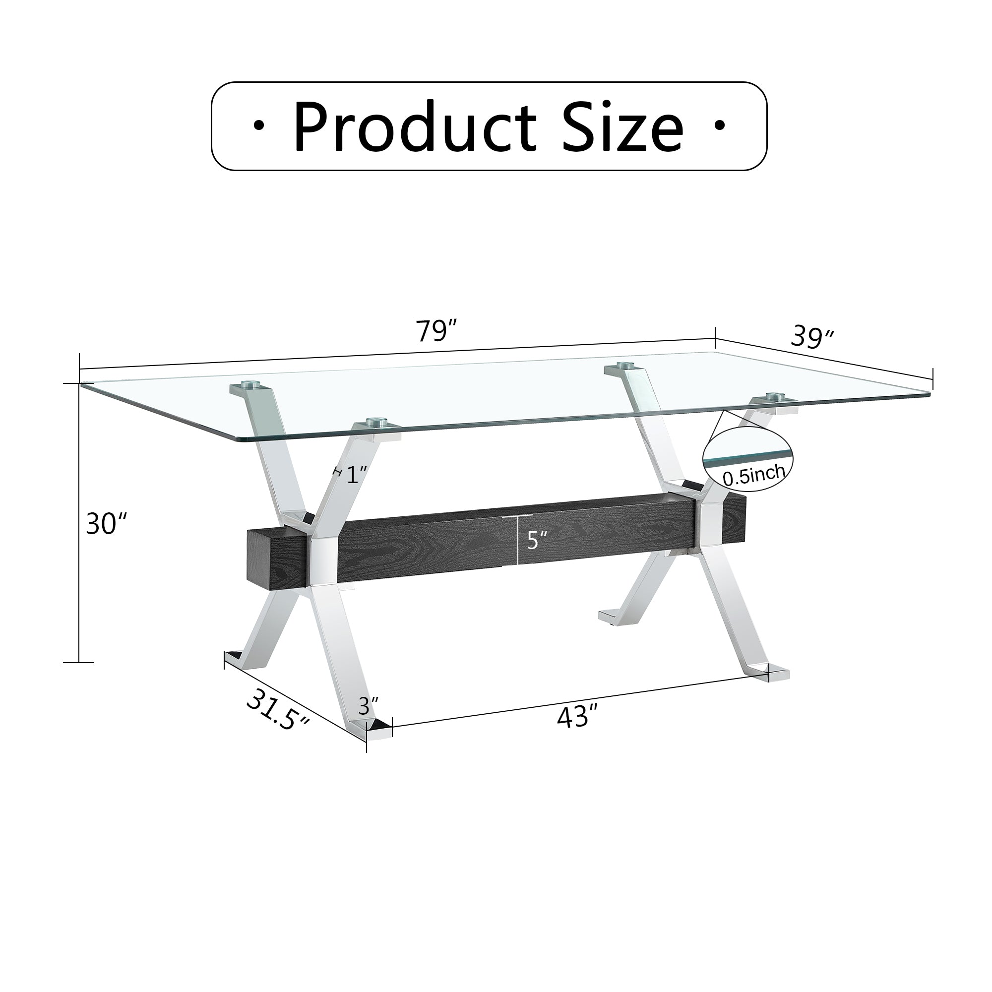 Dining table. Modern tempered glass dining table. Large modern office desk with silver plated metal legs and MDF crossbars, suitable for both home and office use. Kitchen. 79 ''x39''x30 '' 1105