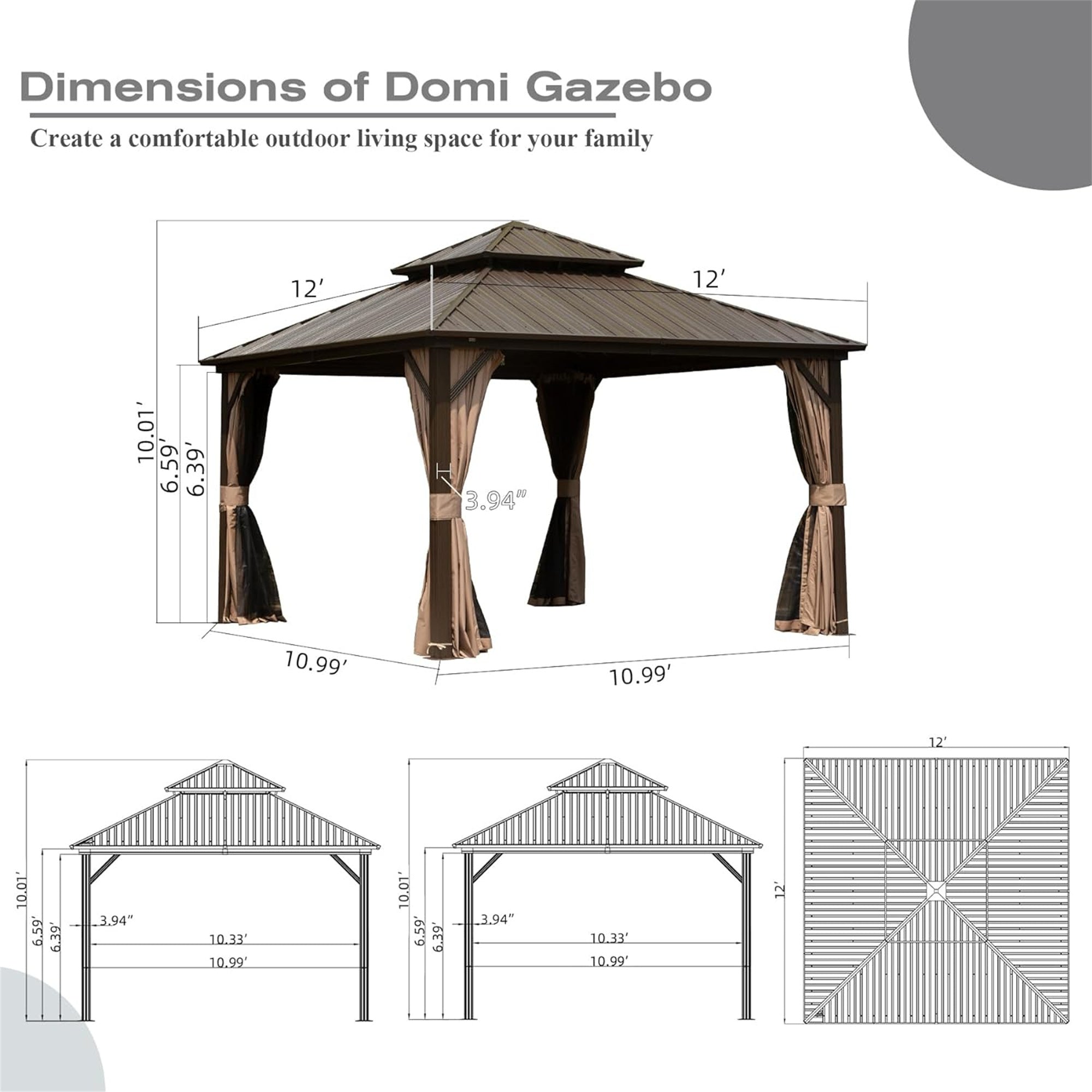 12' X 12' Hardtop Gazebo, Aluminum Metal Gazebo with Galvanized Steel Double Roof Canopy, Curtain and Netting, Permanent Gazebo Pavilion for Party, Wedding, Outdoor Dining, Brown