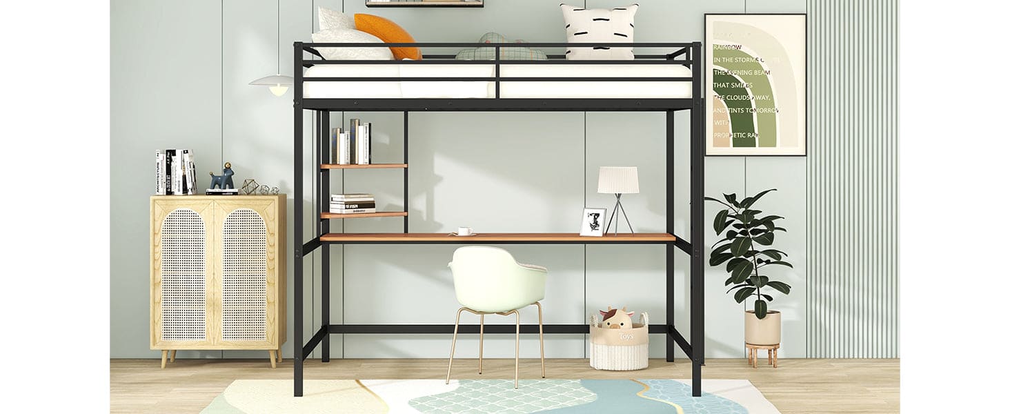 Full Metal Loft Bed with Desk and Shelve, Black