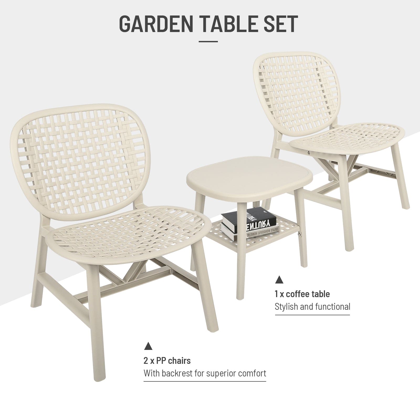 3 Pieces Hollow Design Retro Patio Table Chair Set White