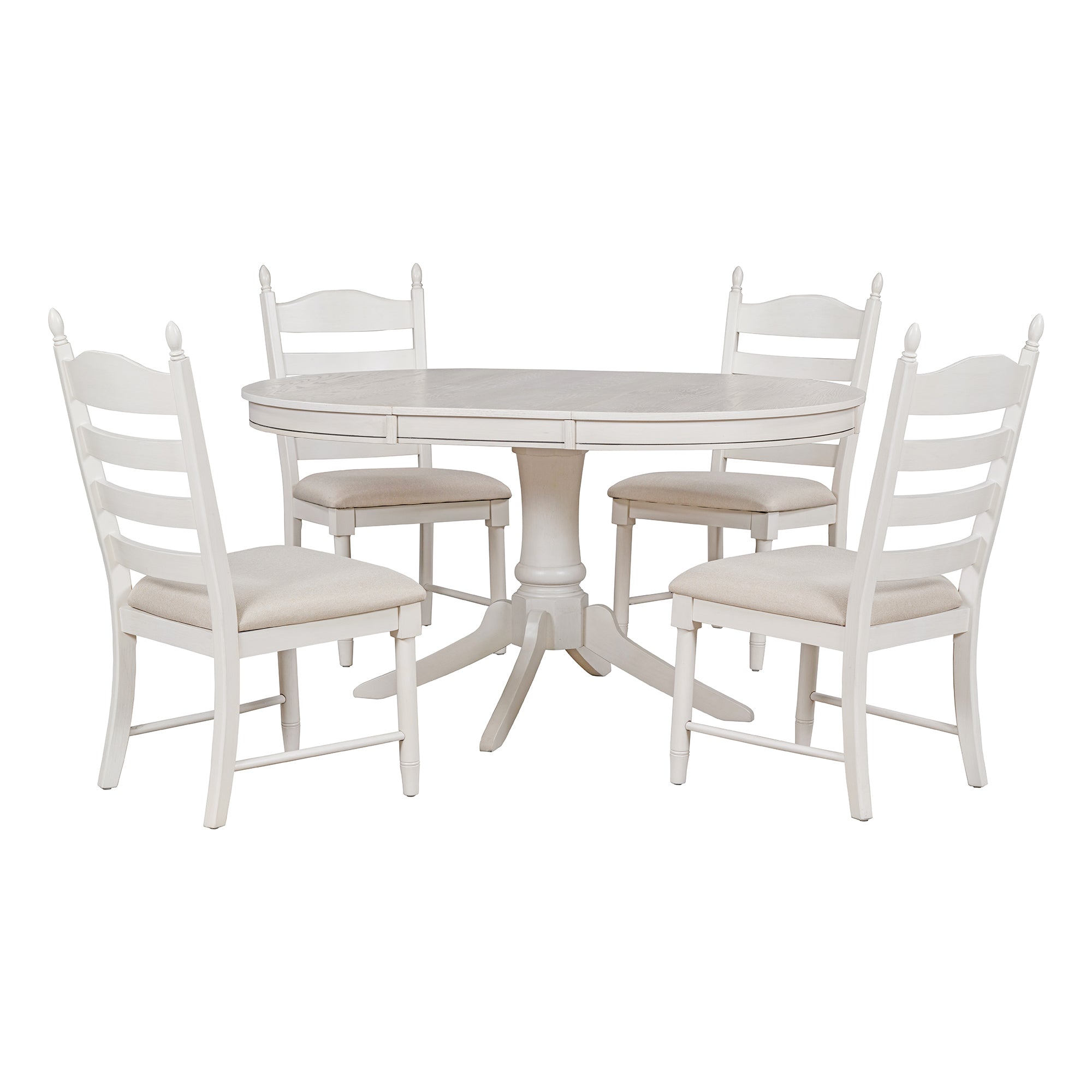 TREXM 5-Piece Retro Functional Dining Table Set Wood Round Extendable Dining Table and 4 Upholstered Dining Chairs (Antique White)