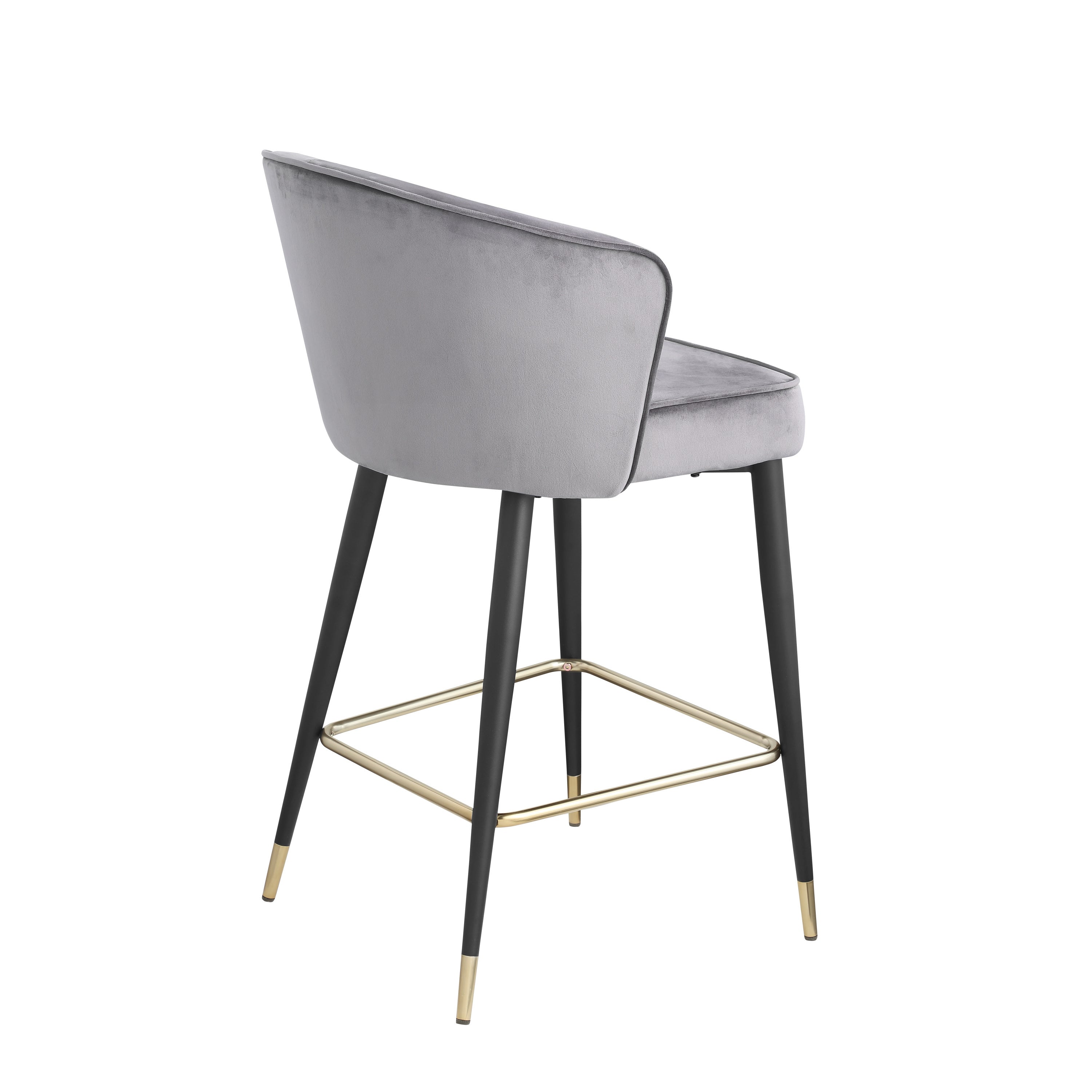 Contemporary Velvet Upholstered Counter Height Stool with Deep Channel Tufting and Gold Tipped, Black Metal Legs, 20" W x 21" D x 36.5" H, Gray