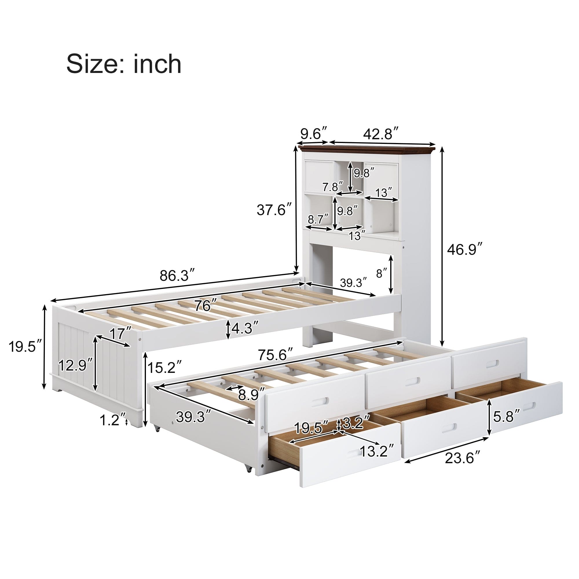 Solid Pine Captain Bookcase Bed with Trundle Bed and 3 Spacious Under Bed Drawers in Casual,Twin, White+Walnut