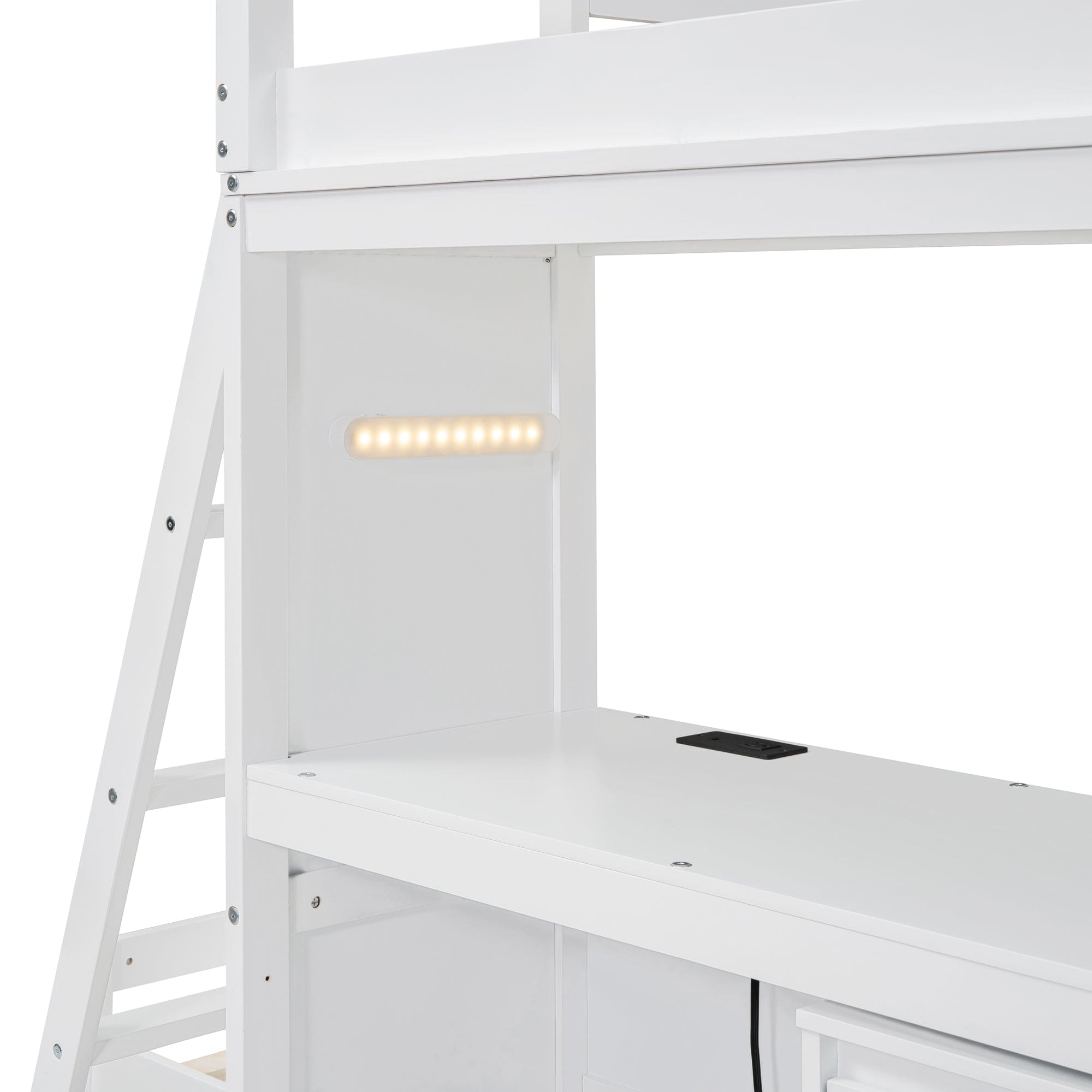 Twin over Twin Bunk Bed with LED Light and USB Ports, White