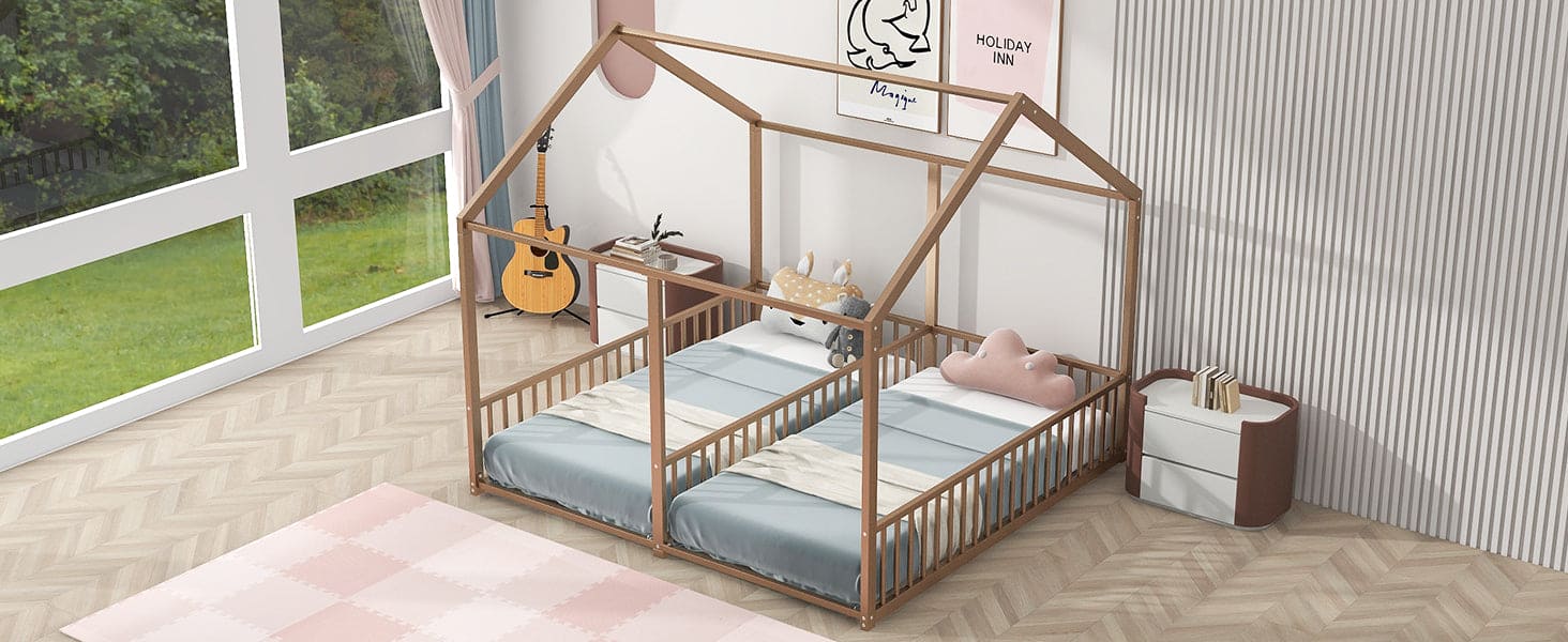 Metal Twin Size House Platform Beds, Two Shared Beds, Gold